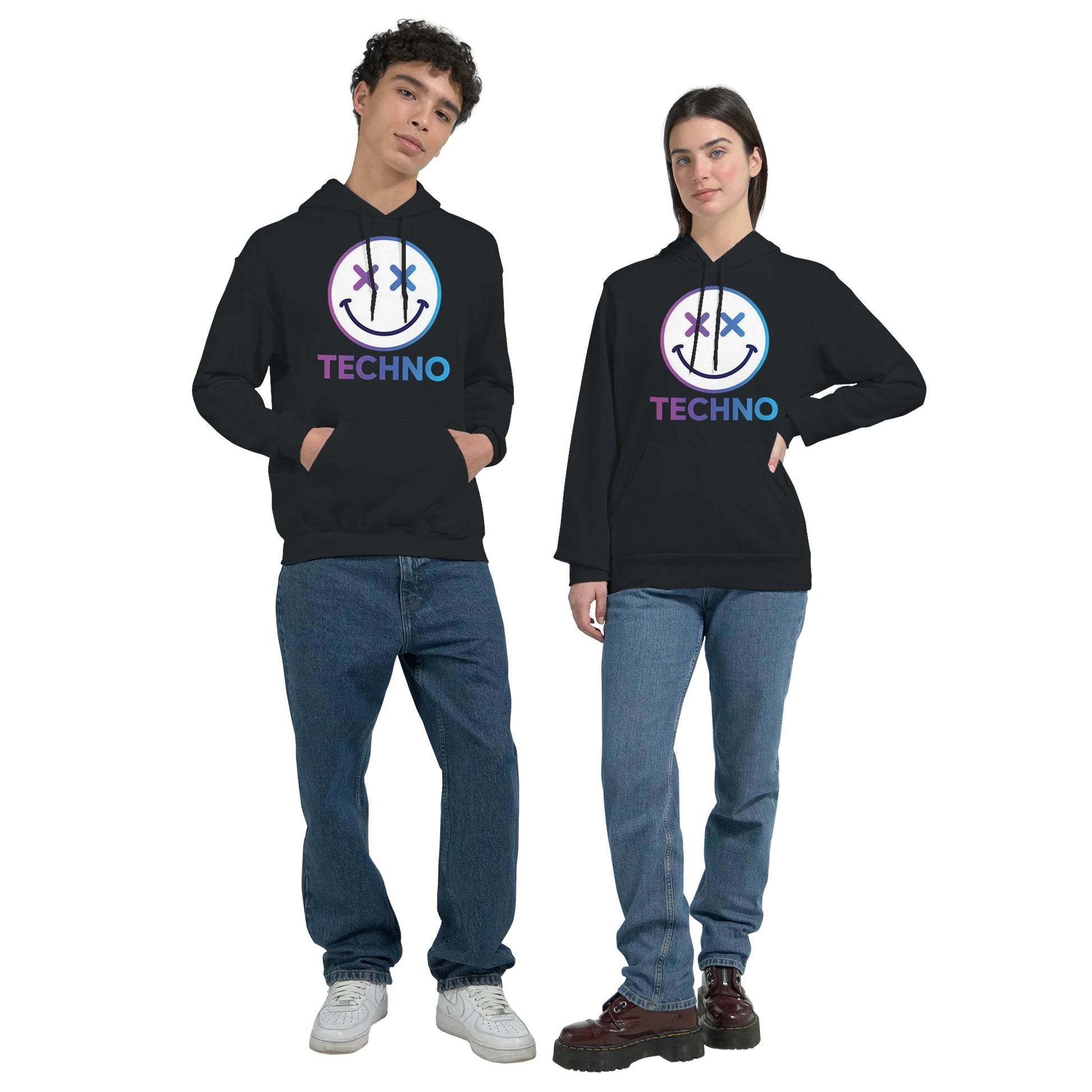 Techno smiley unisex hoodie cross eyes black front view