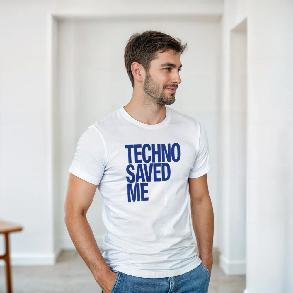 Techno Saved Me in big Blue bold font - unisex rave t-shirt - white