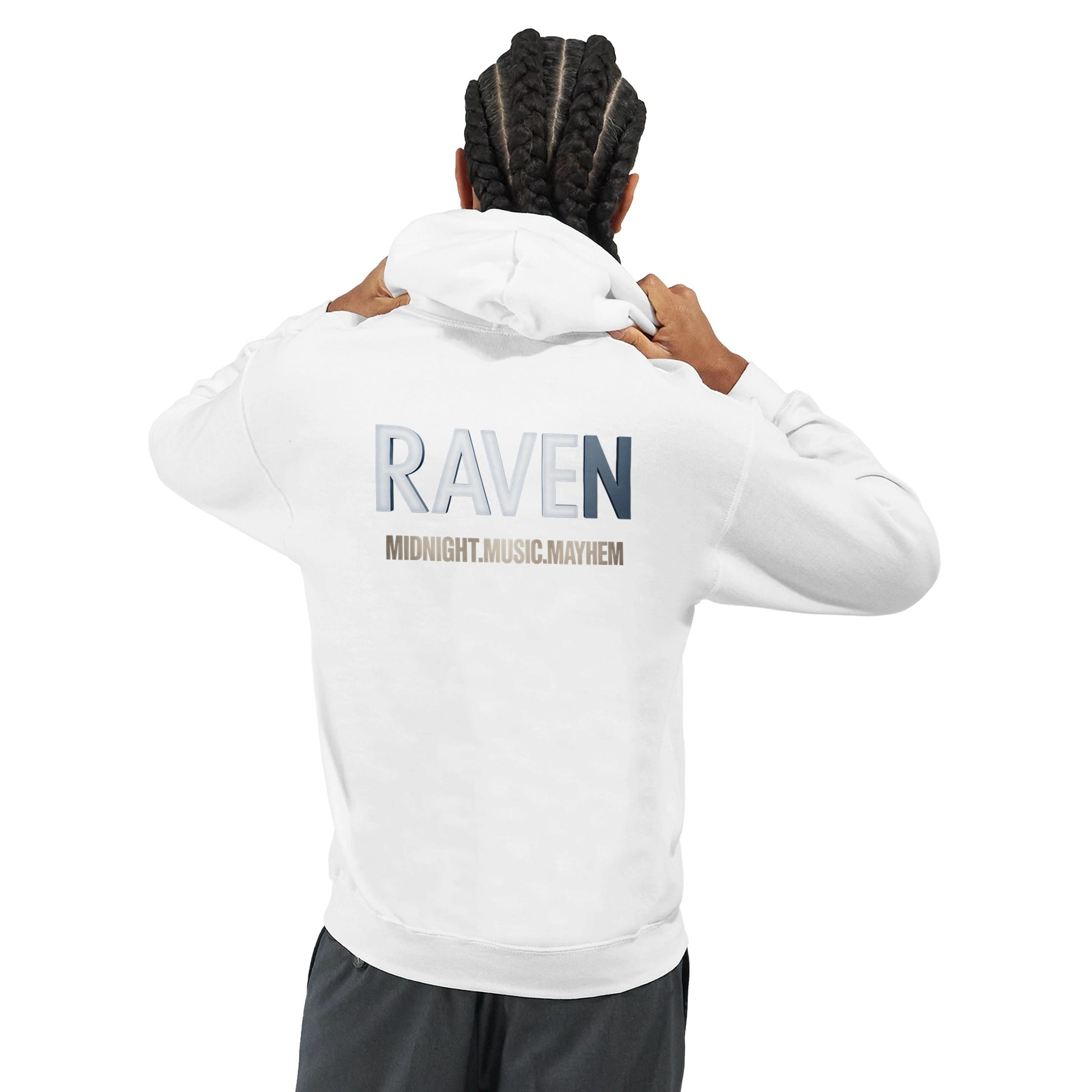 Unisex White Hoodie for Adults – Music Festival Streetwear Rave Clothing – Techno, EDM, DJ Shirt - Raven Midnight Music Masness print