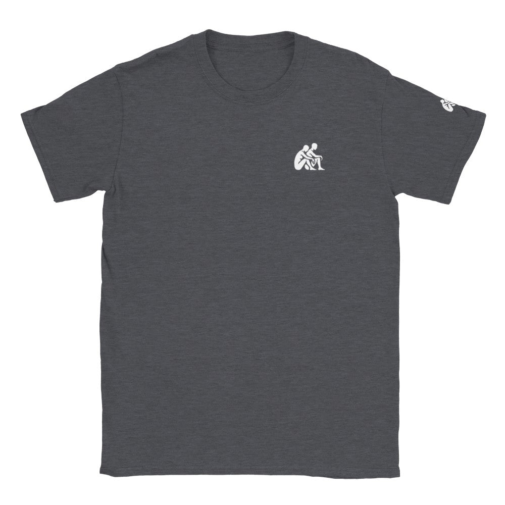Gray t-shirt with a white logo on a white background