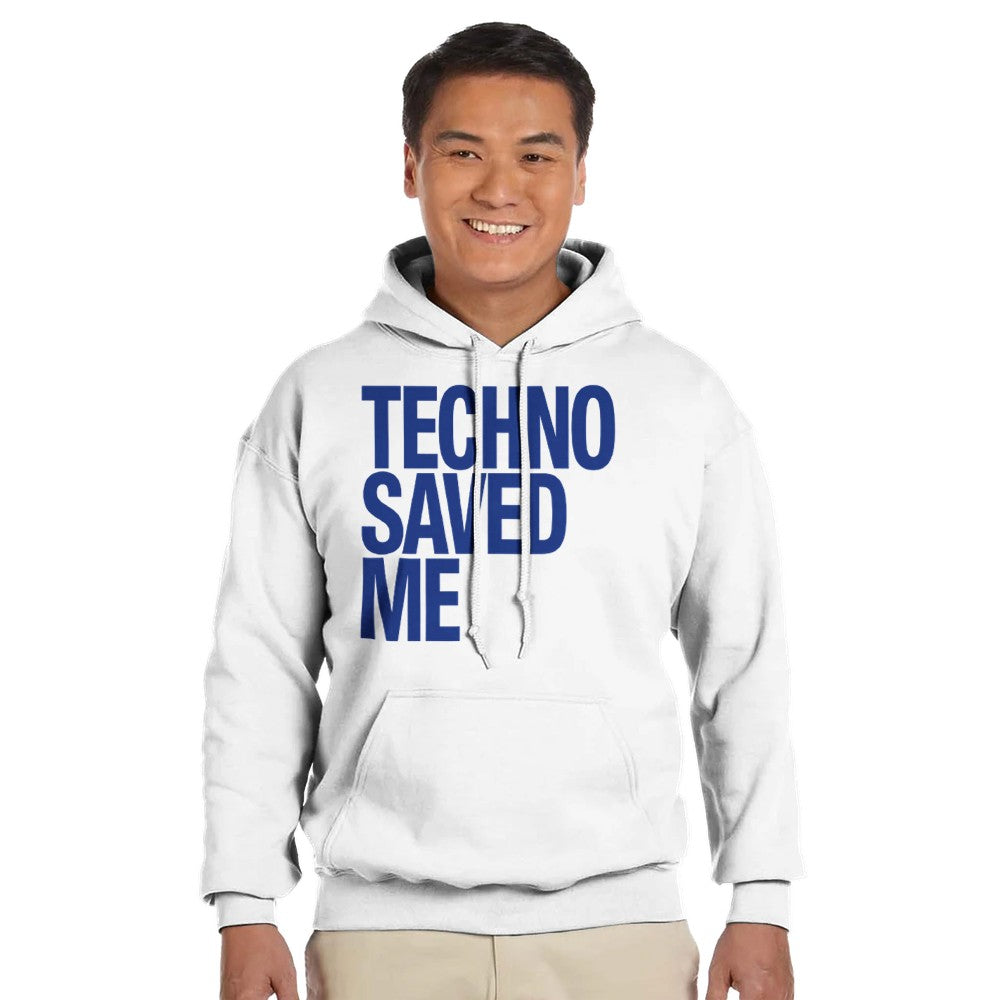 Techno Saved Me in big Blue bold font - unisex rave hoodie - white