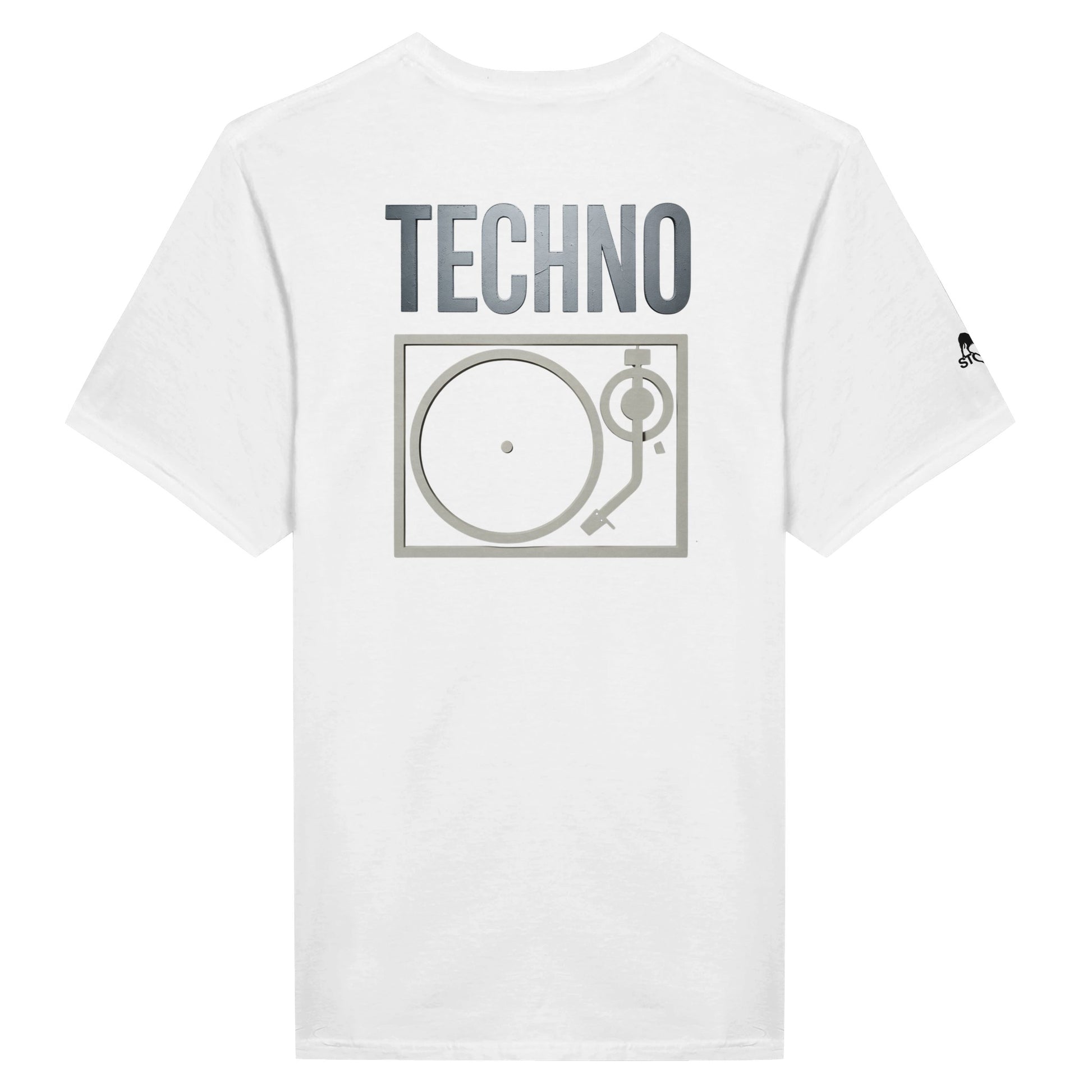 Unisex White T-shirt for Adults – Music Festival Streetwear Rave Clothing – Techno, EDM, DJ Shirt - The word techno and a turntable underneath