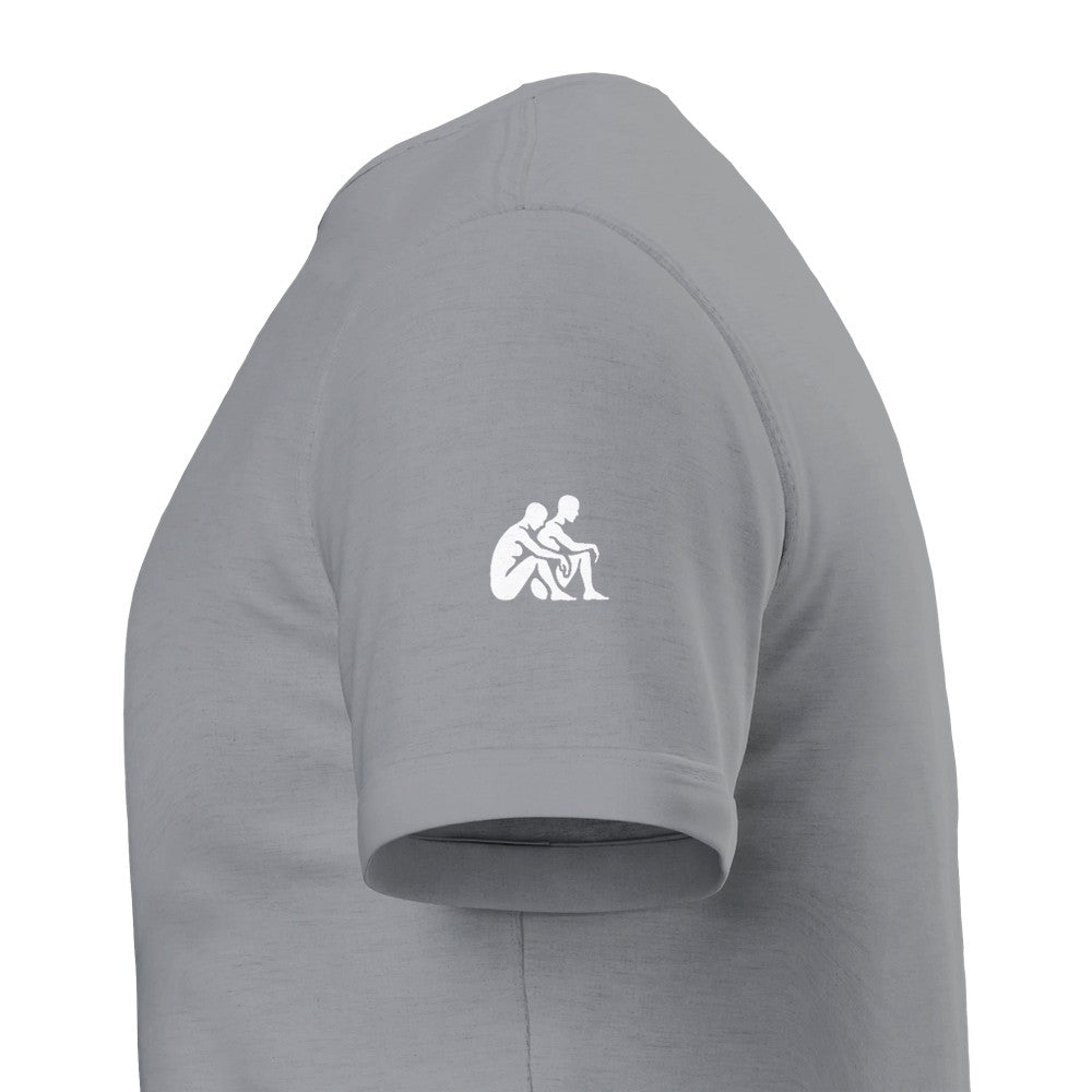 Gray t-shirt with a white logo on a white background