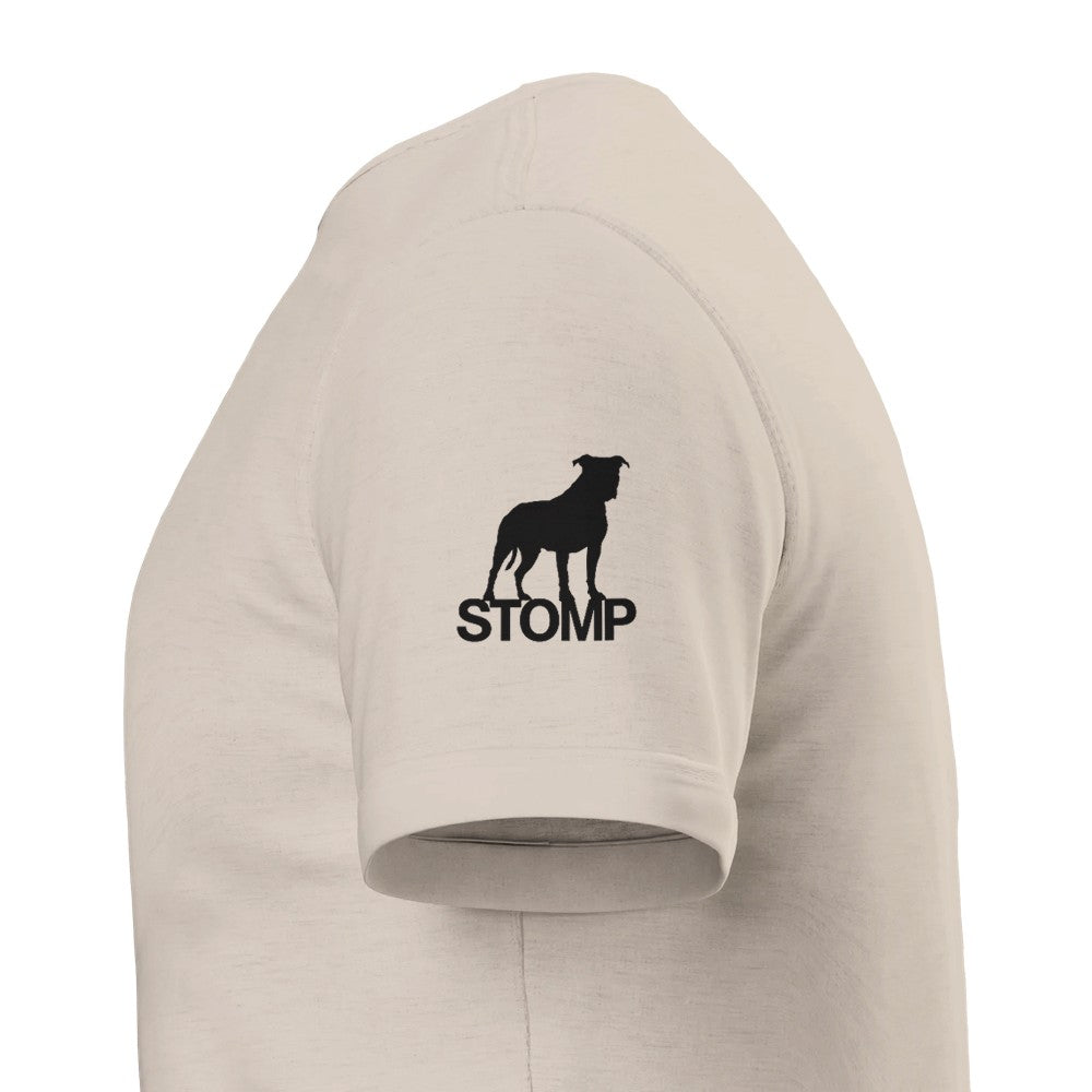 Beige hoodie with black silhouette of a dog and 'STOMP' text on a white background