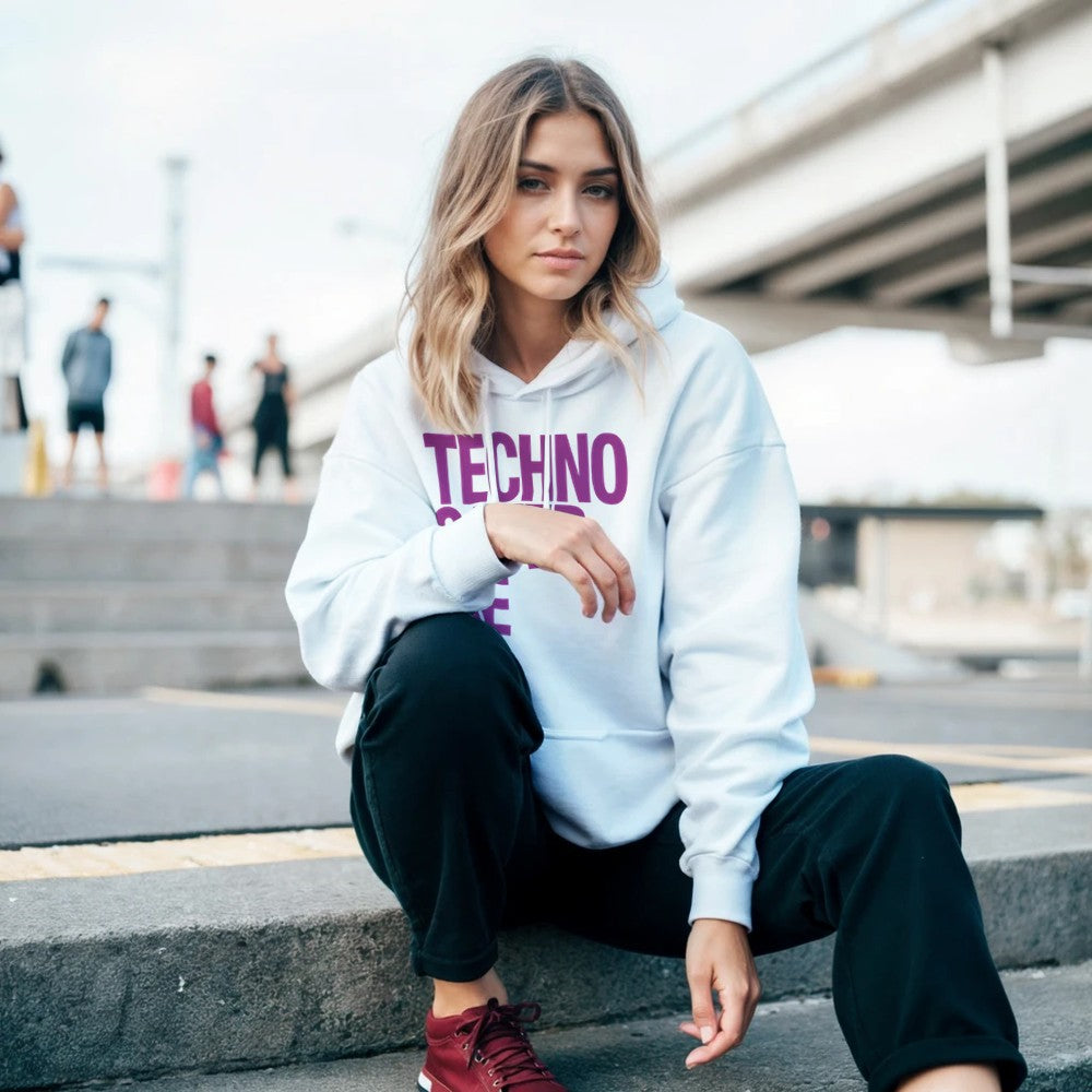 Techno saved me in big bold pink lettering - unisex rave hoodie - white