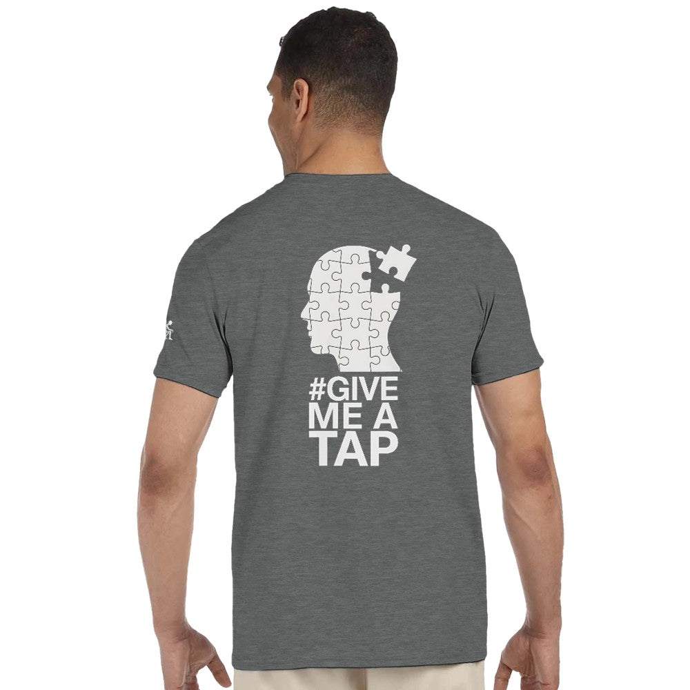 Unisex Grey T-shirt for Adults – Music Festival Streetwear Rave Clothing – Techno, EDM, DJ Shirt -  an image of a head made of puzzle pieces and the #give me a tap print