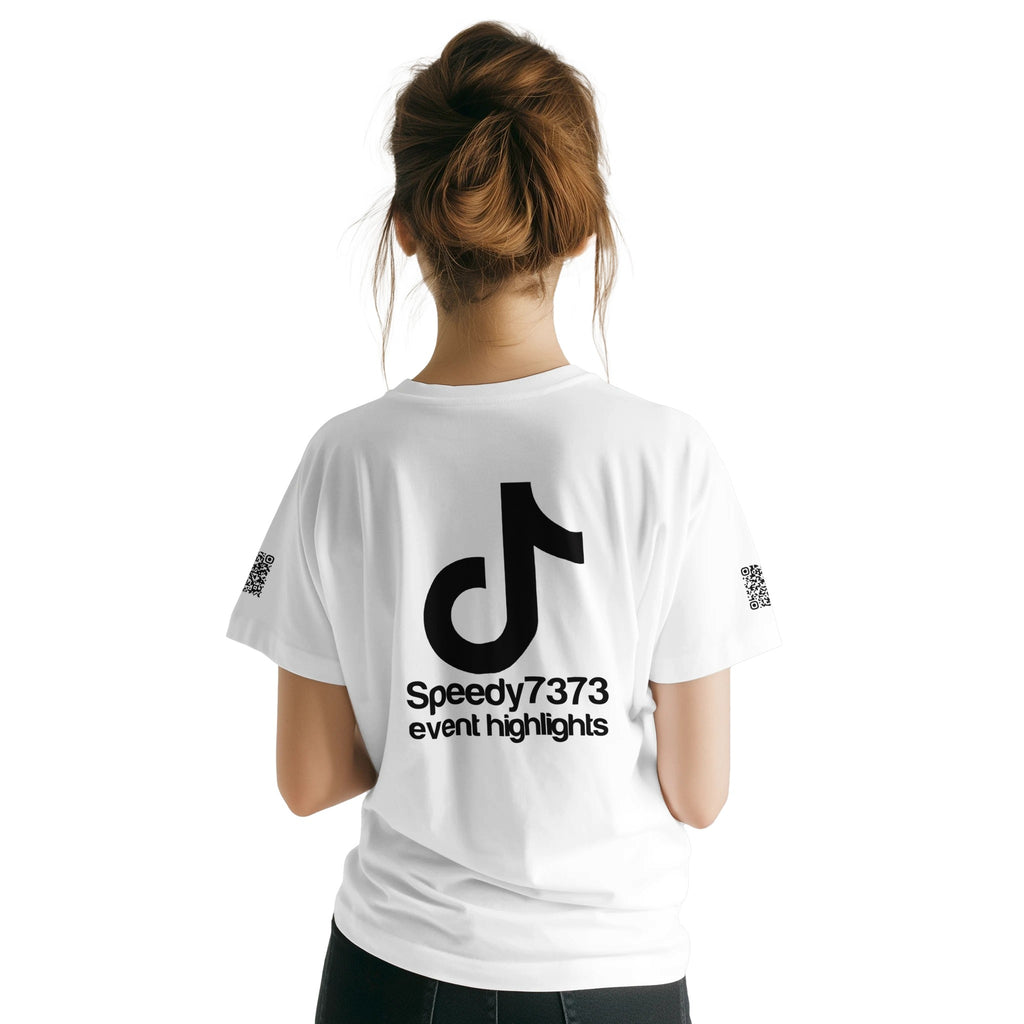 A White T-Shirt with a Black custom Tiktok handle and custom QR codes on the arms - RaveLink - 100% soft cotton - stomp ravewear