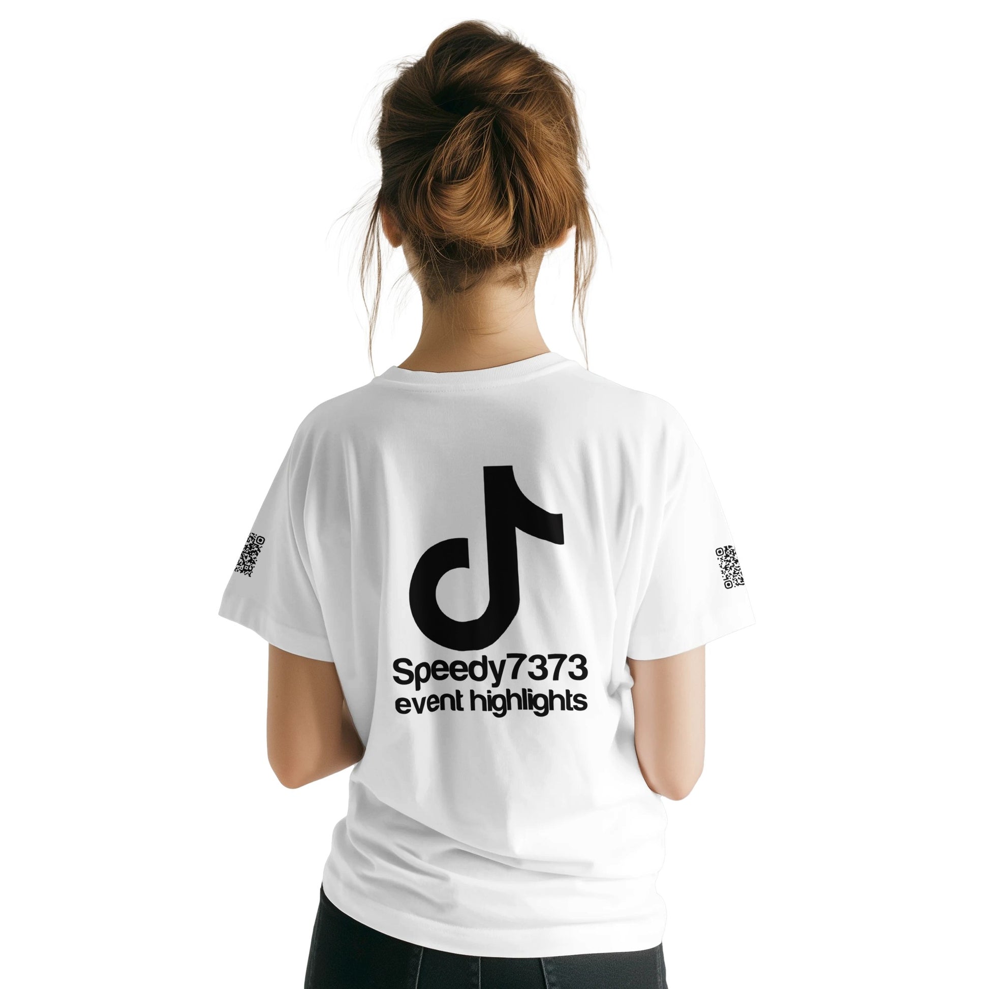 A White T-Shirt with a Black custom Tiktok handle and custom QR codes on the arms - RaveLink - 100% soft cotton - stomp ravewear