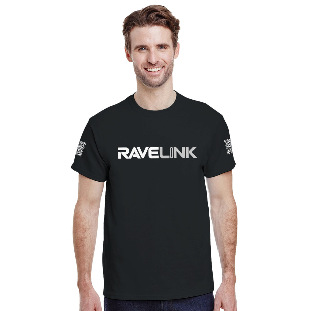 a black Rave t-shirt with a white custom Tiktok handle and custom QR codes on the arms of the shirt - RaveLink