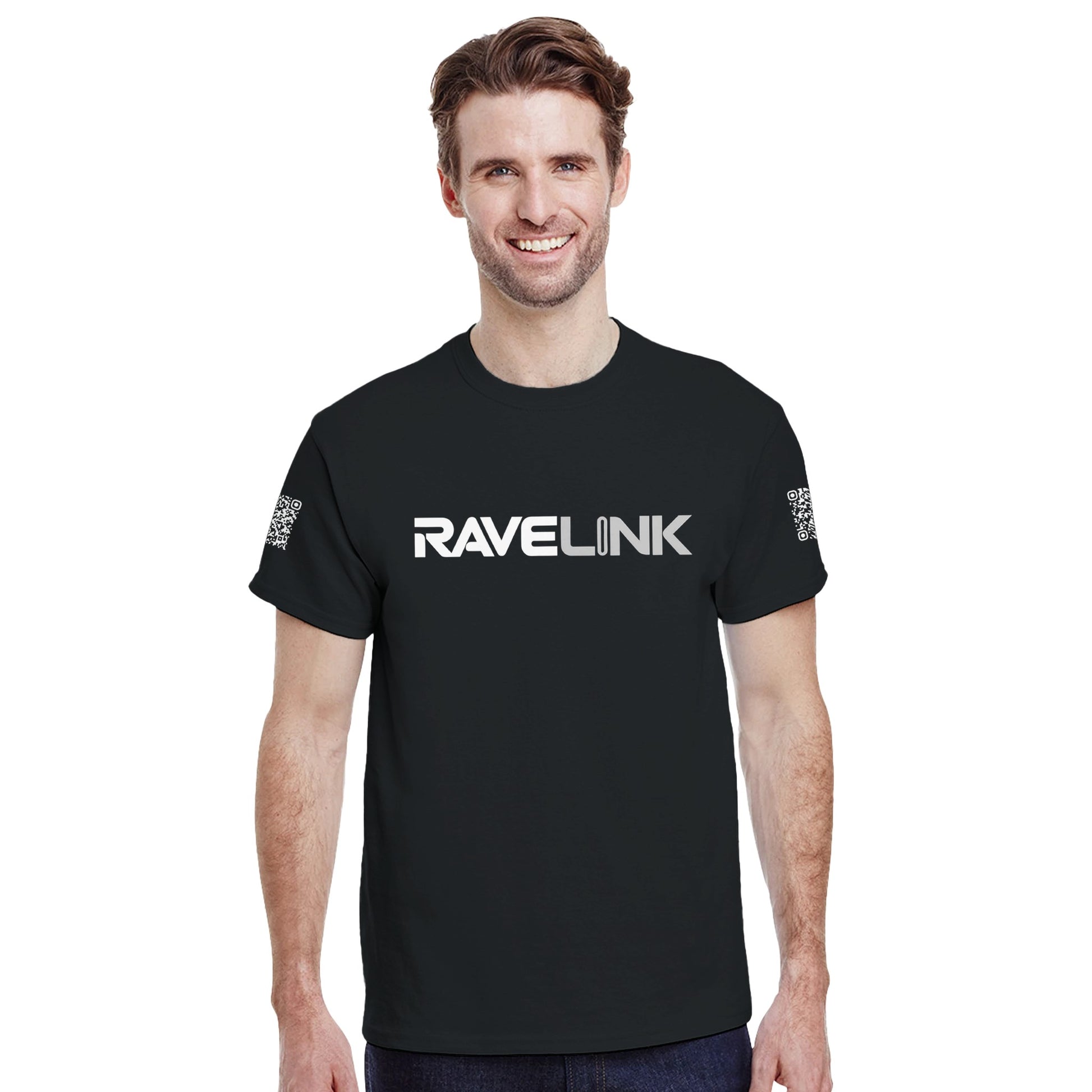 a black Rave t-shirt with a white custom Tiktok handle and custom QR codes on the arms of the shirt - RaveLink