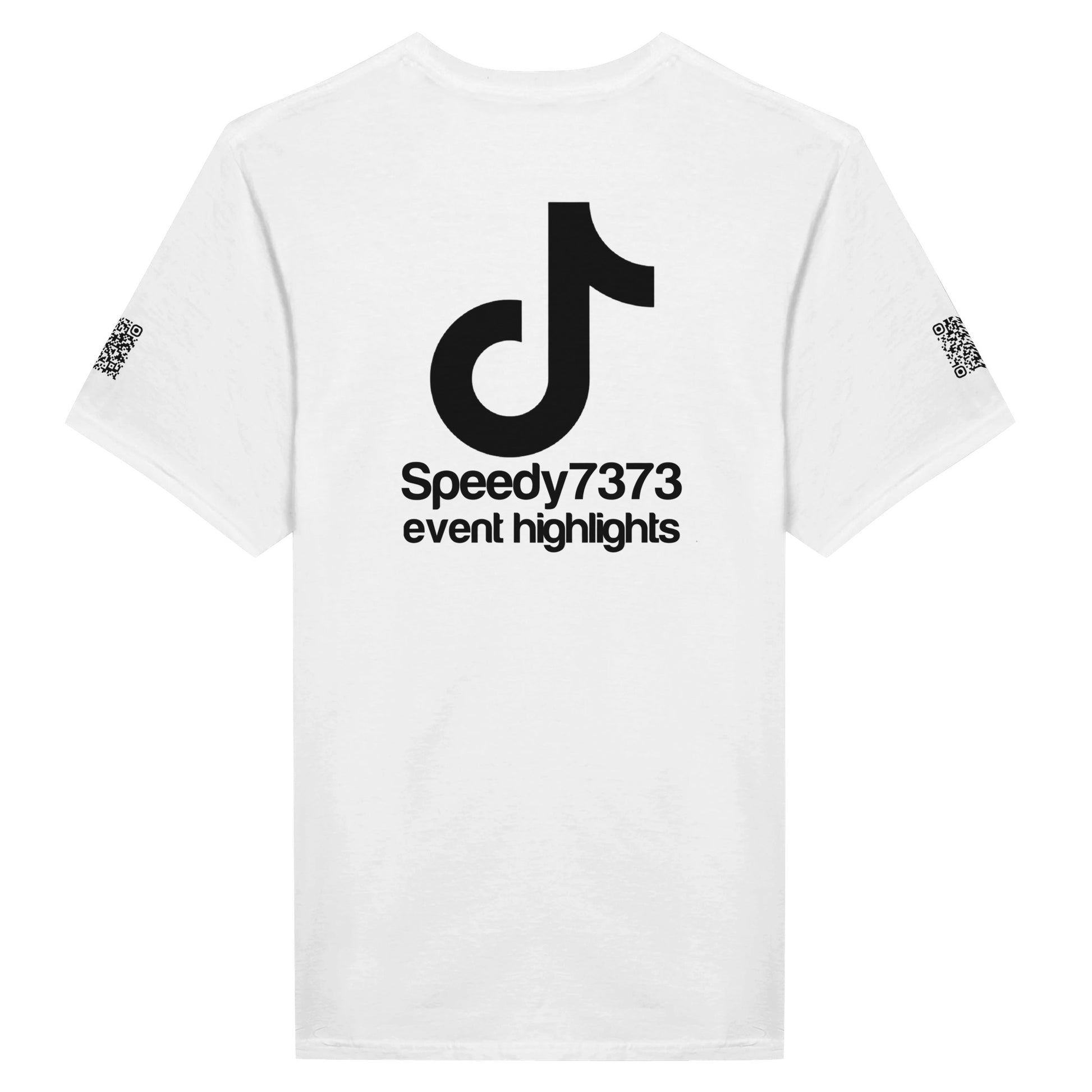 A White T-Shirt with a Black custom Tiktok handle and custom QR codes on the arms - RaveLink - 100% soft cotton - stomp ravewear