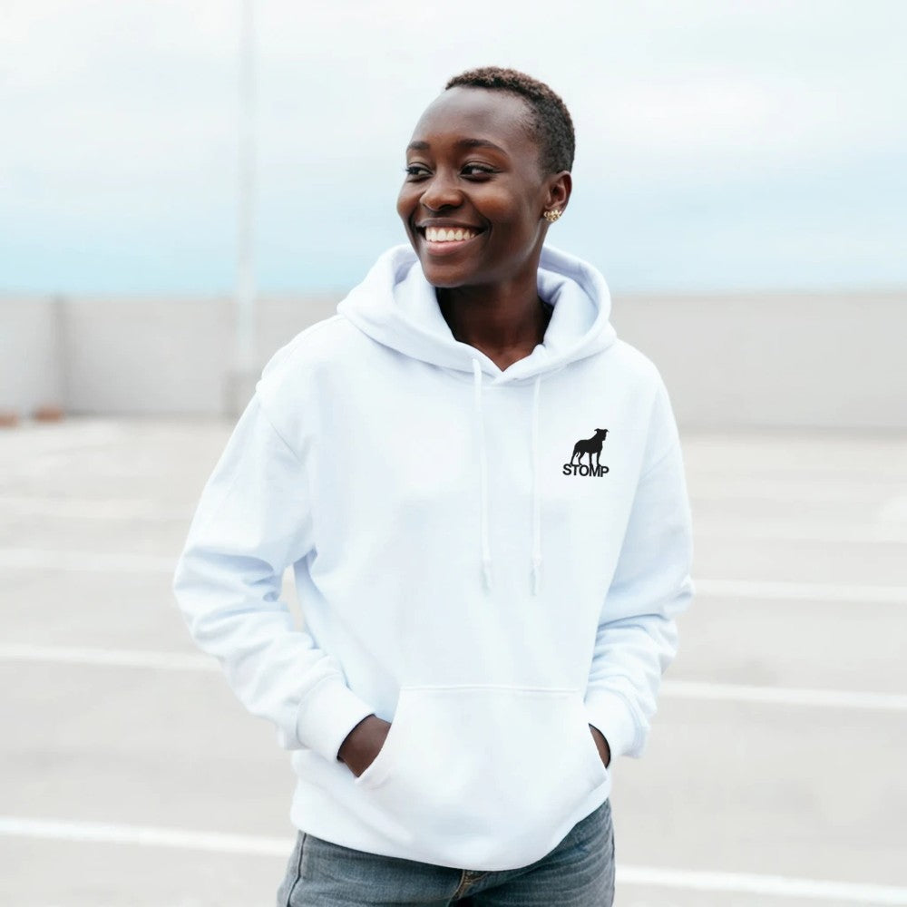 Unisex White hoodie for Adults – Music Festival Streetwear Rave Clothing – Techno, EDM, DJ Shirt - im the drum and bass father print on the back. Stomp brand