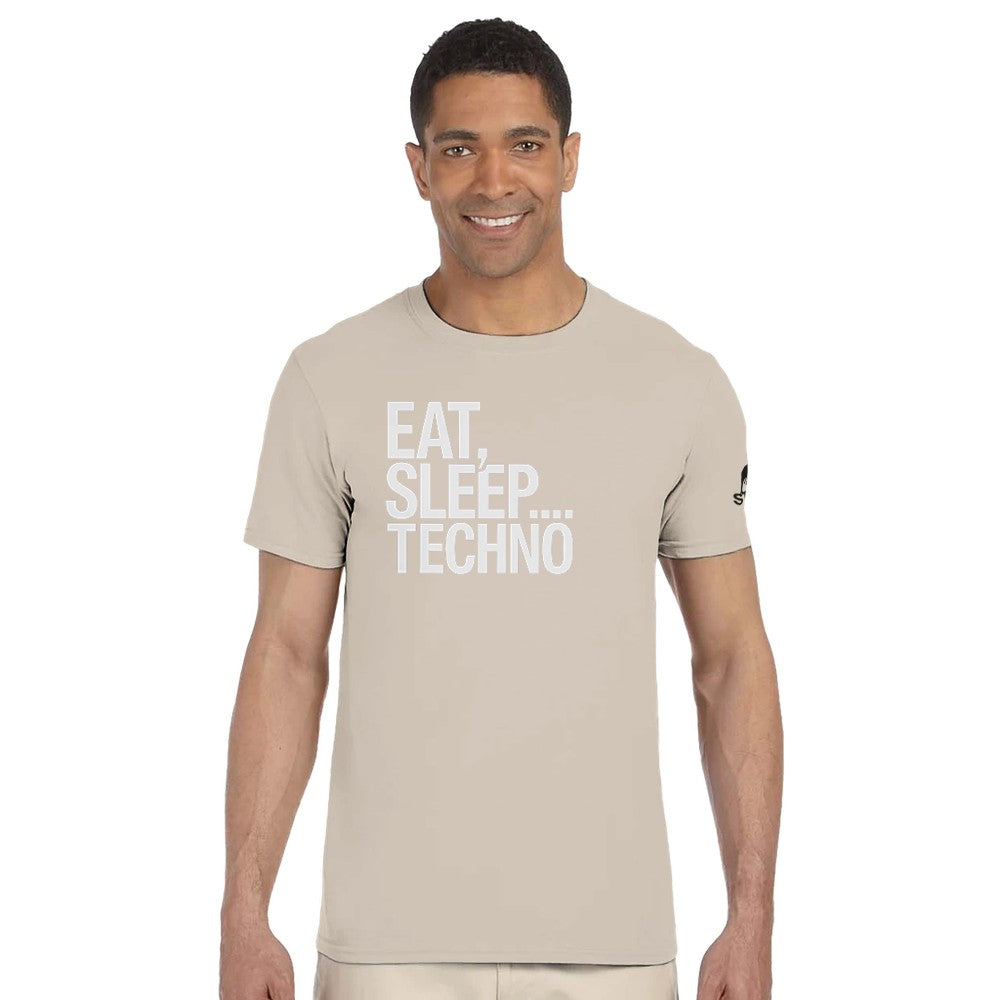 Unisex Beige T-shirt for Adults – Music Festival Streetwear Rave Clothing – Techno, EDM, DJ Shirt - Eat Sleep Techno print