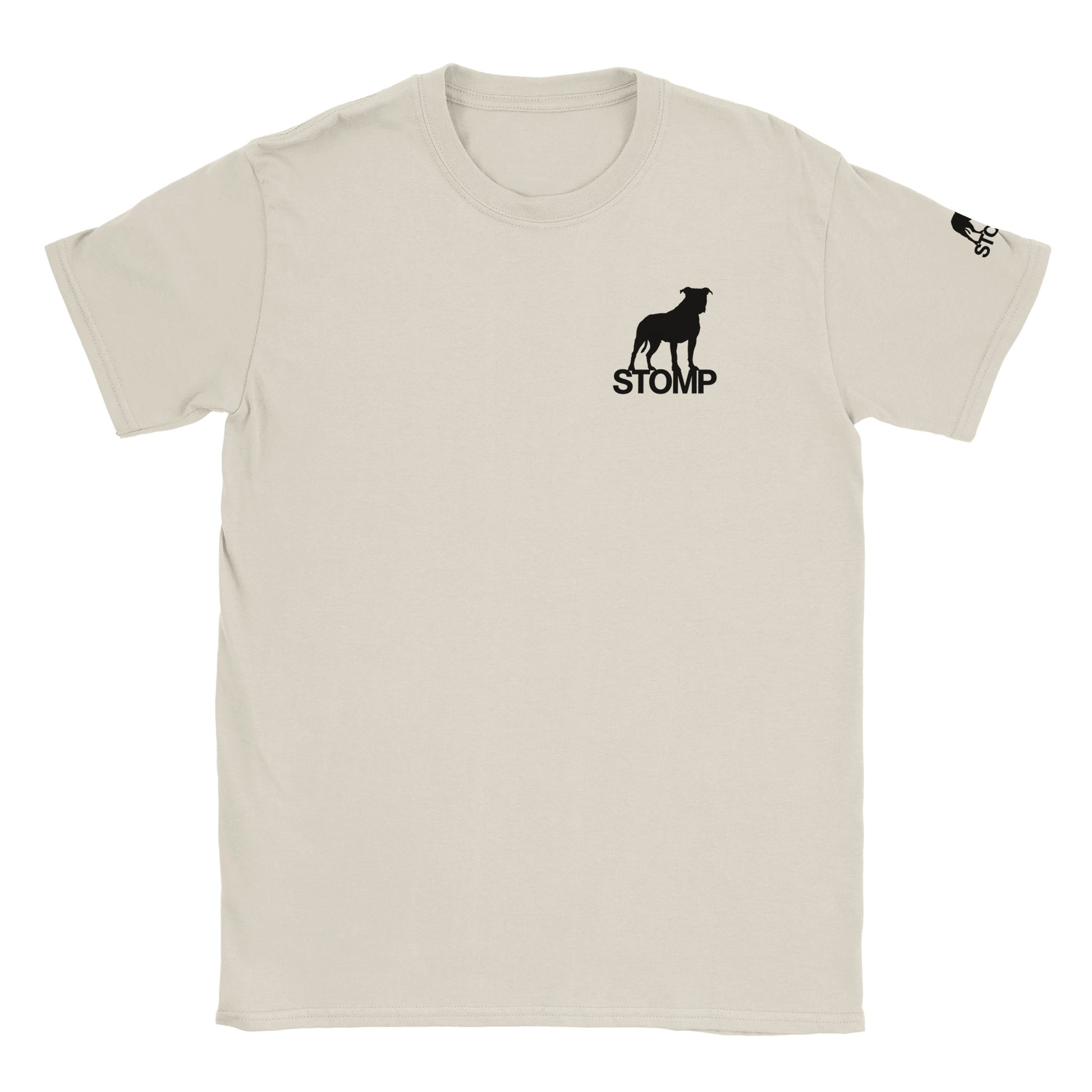 Beige t-shirt with black dog graphic and 'STOMP' text on a white background