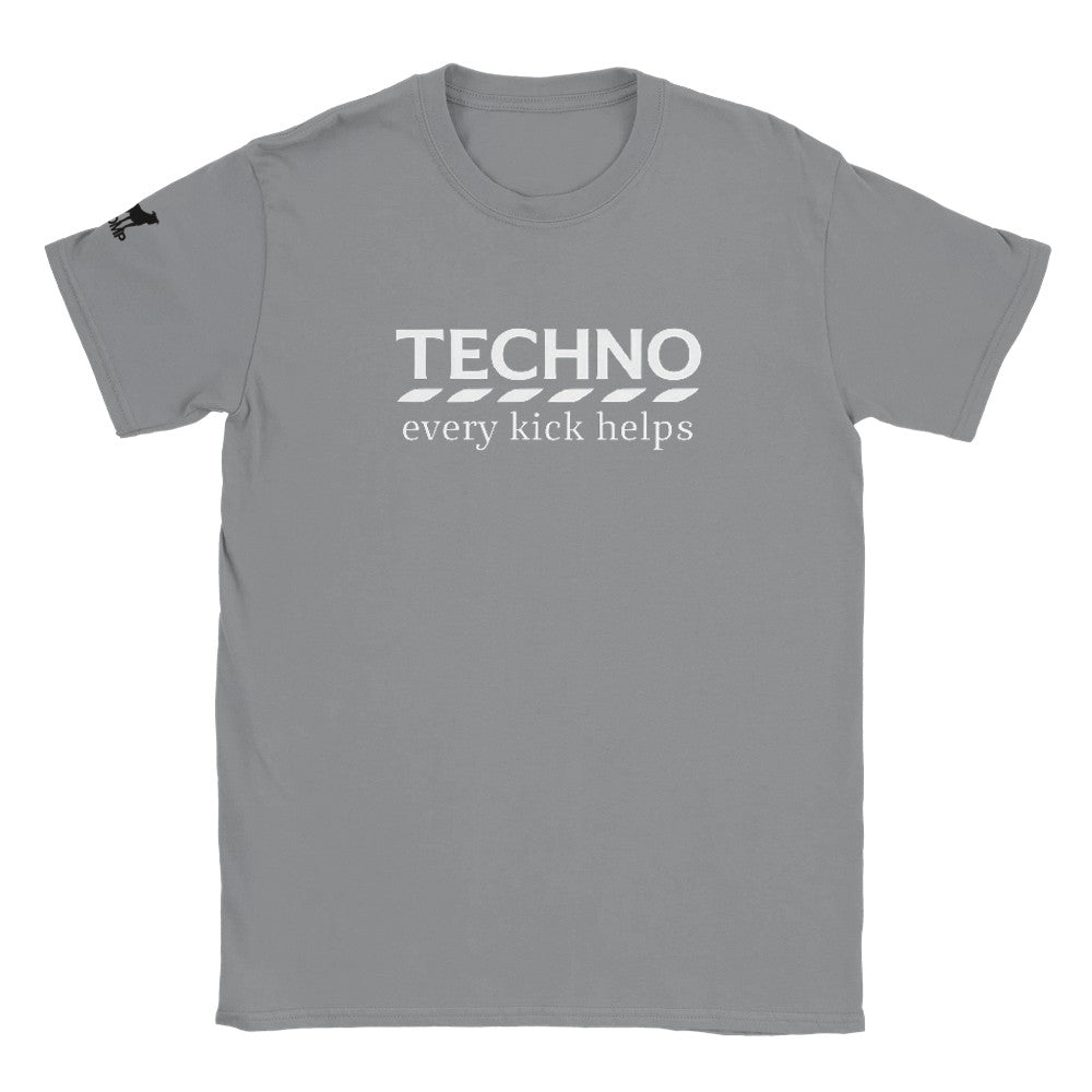 Unisex Charcoal T-shirt for Adults – Music Festival Streetwear Rave Clothing – Techno, EDM, DJ Shirt - The word techno every kick helps in the style of Tesco