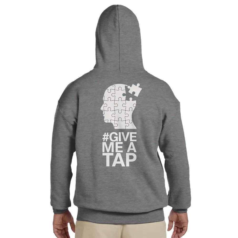 Unisex Grey Hoodie for Adults – Music Festival Streetwear Rave Clothing – Techno, EDM, DJ Shirt -  an image og a head made of puzzle pieces and the #give me a tap print