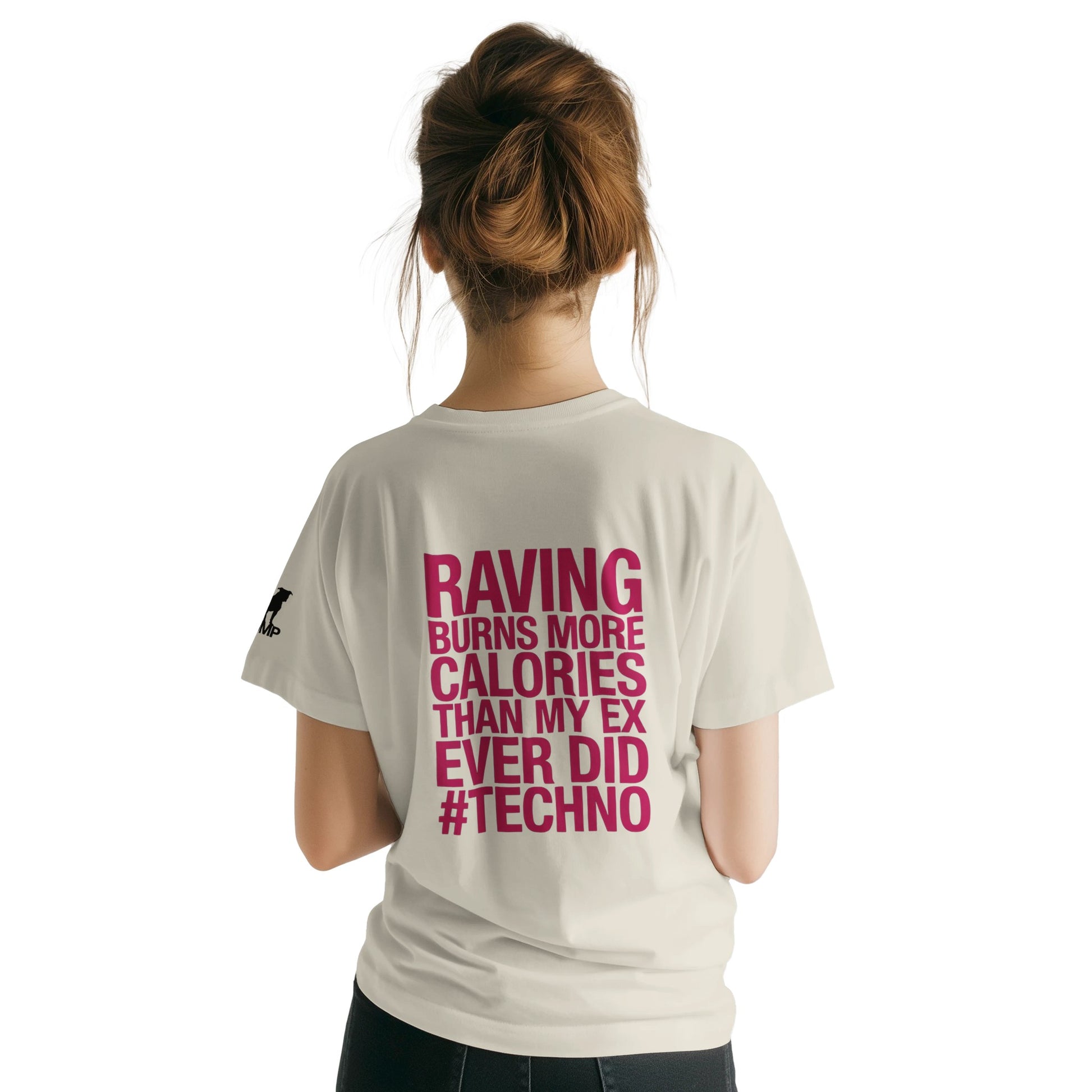 Unisex Beige tshirt for Adults – Music Festival Streetwear Rave Clothing – Techno, EDM, DJ Shirt - raving burns more calories than my ex ever did print