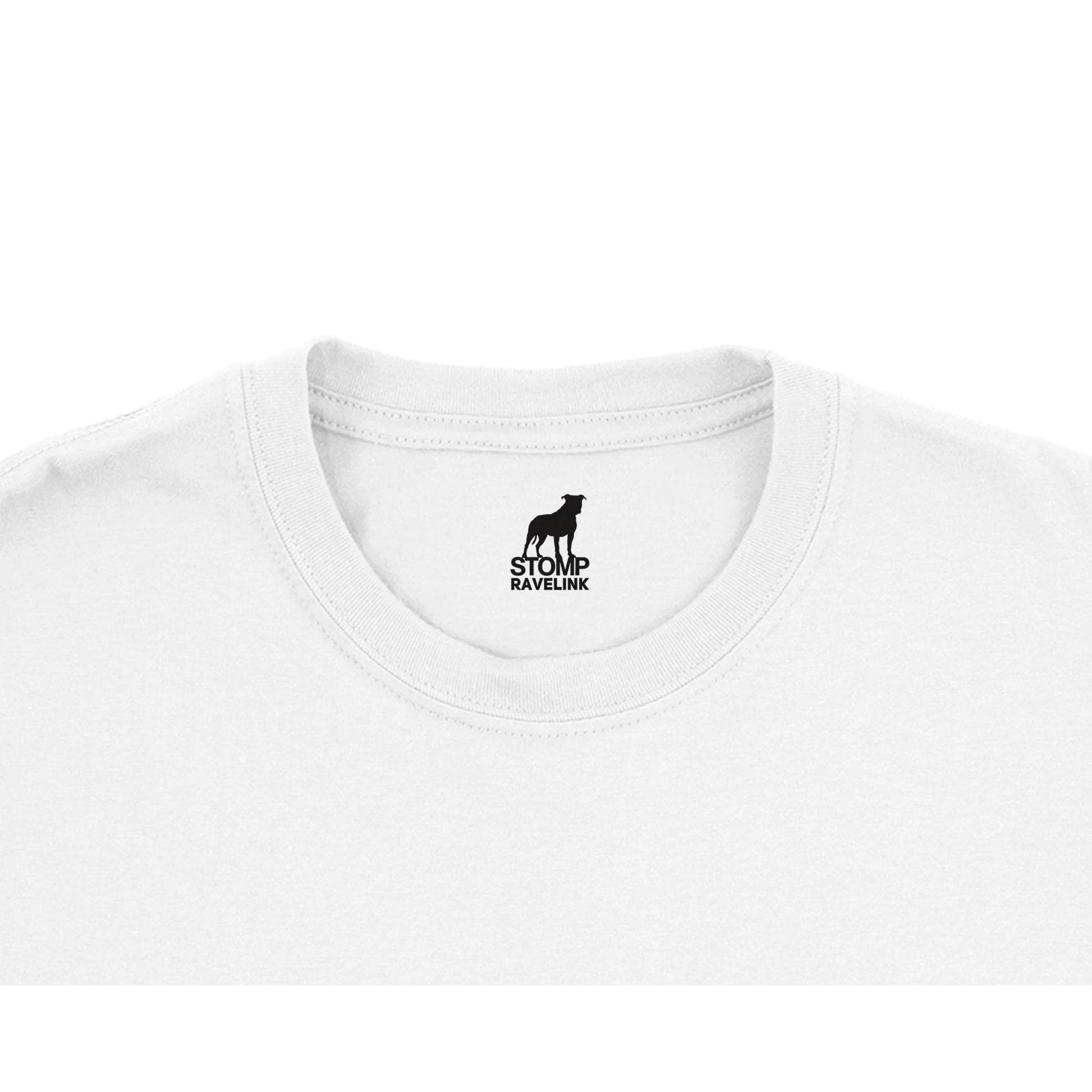 A White T-Shirt with a Black custom Tiktok handle and custom QR codes on the arms - RaveLink - 100% soft cotton - stomp ravewear