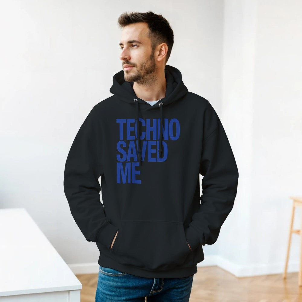 Techno Saved Me in big Blue bold font - unisex rave hoodie - black