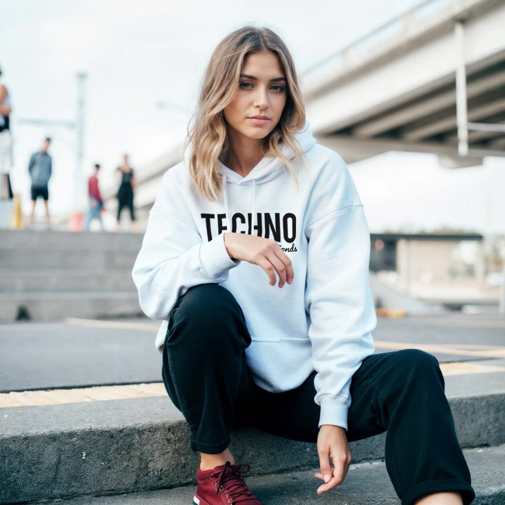 BASSLINE OVER BOYFRIENDS - FEMALE TECHNO RAVE HOODIE - WHITE