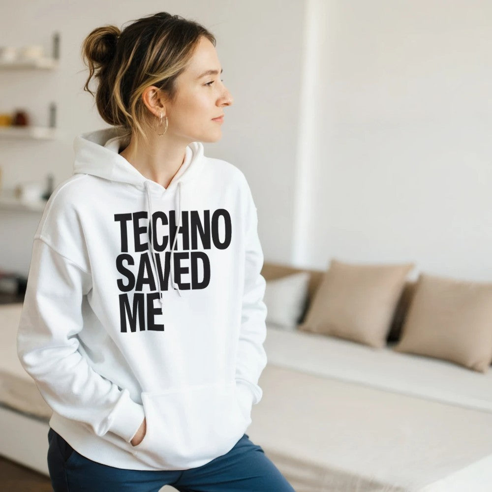 TECHNO SAVED ME - UNISEX TECHNO RAVE HOODIE - WHITE