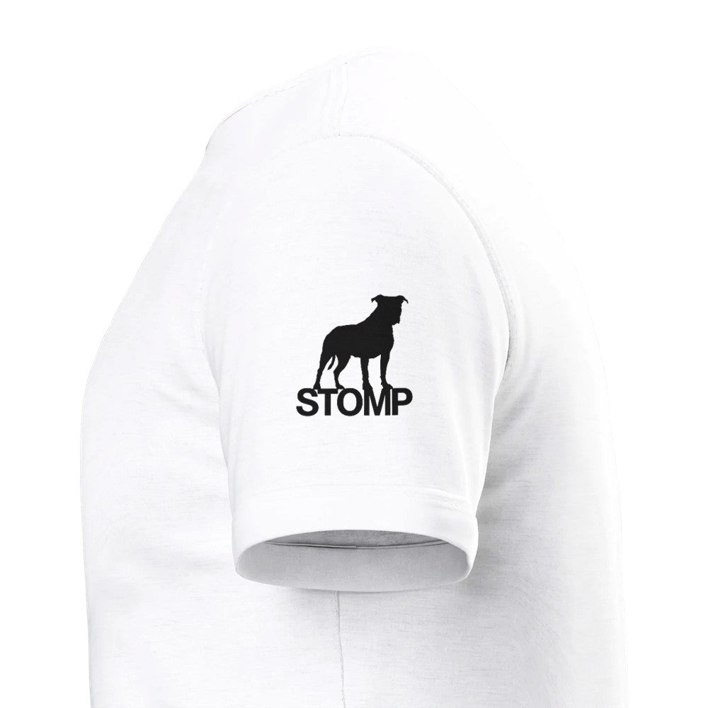 White tshirt with the Stomp logo. Drum and bass
