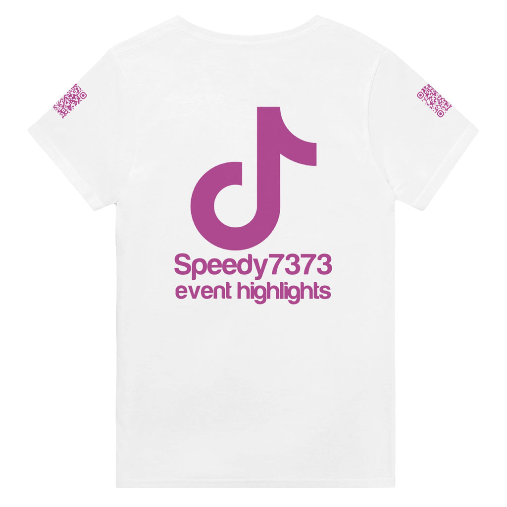 a white rave t-shirt with a pink font that is a custom Tiktok handle - custom QR Codes on each arm - RaveLink