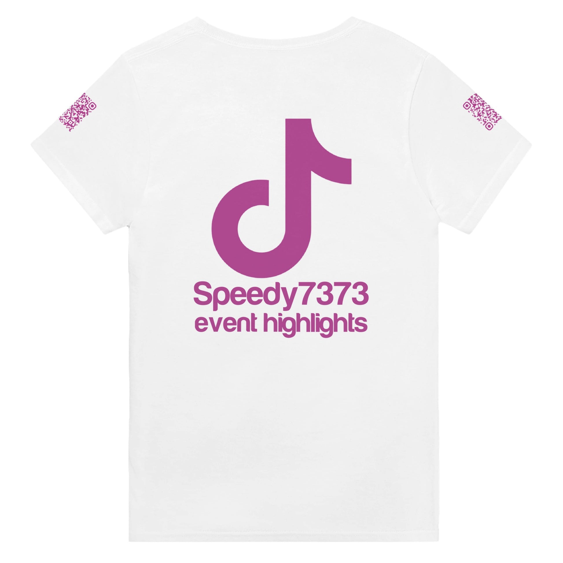 a white rave t-shirt with a pink font that is a custom Tiktok handle - custom QR Codes on each arm - RaveLink