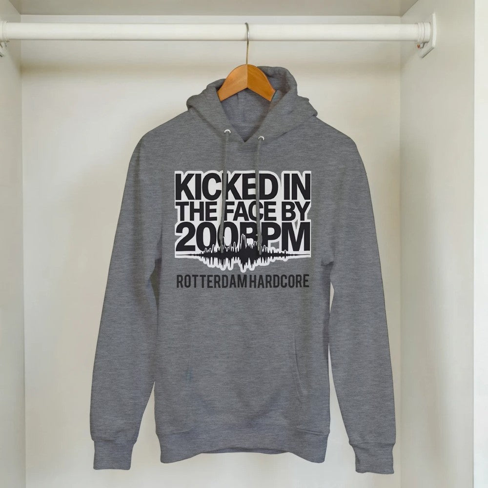 Kicked In The Face with 200bpm unisex hoodie - printed on the front - grey