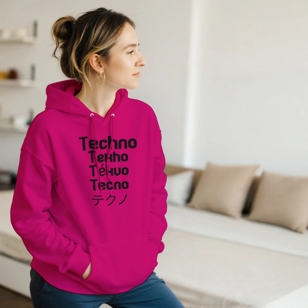 techno in different languages in a big bold black lettering - unisex rave hoodie - stomp - pink