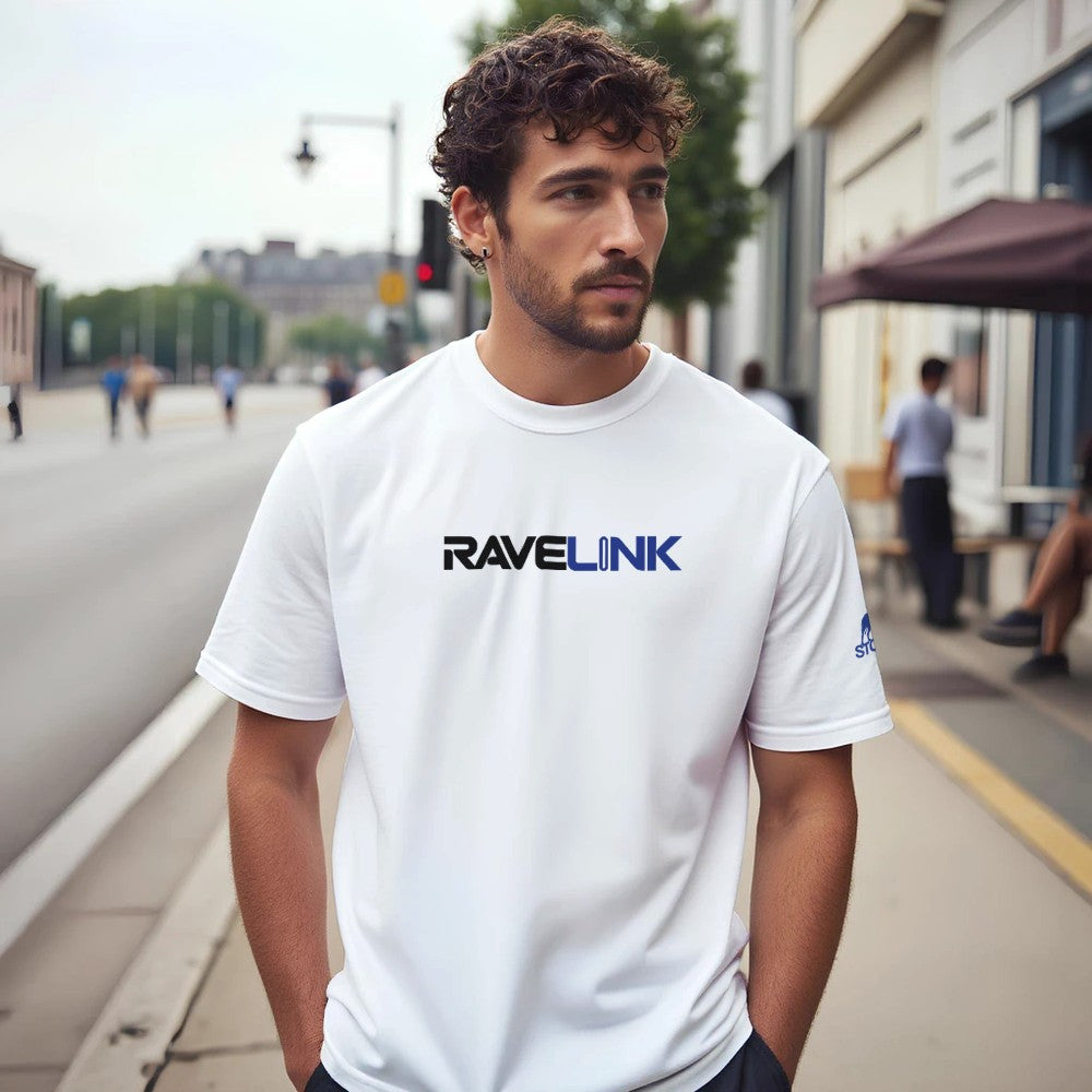 stomp ravewear - RaveLink Custom QR Code - Unisex t-shirt - white with blue QR code on the back