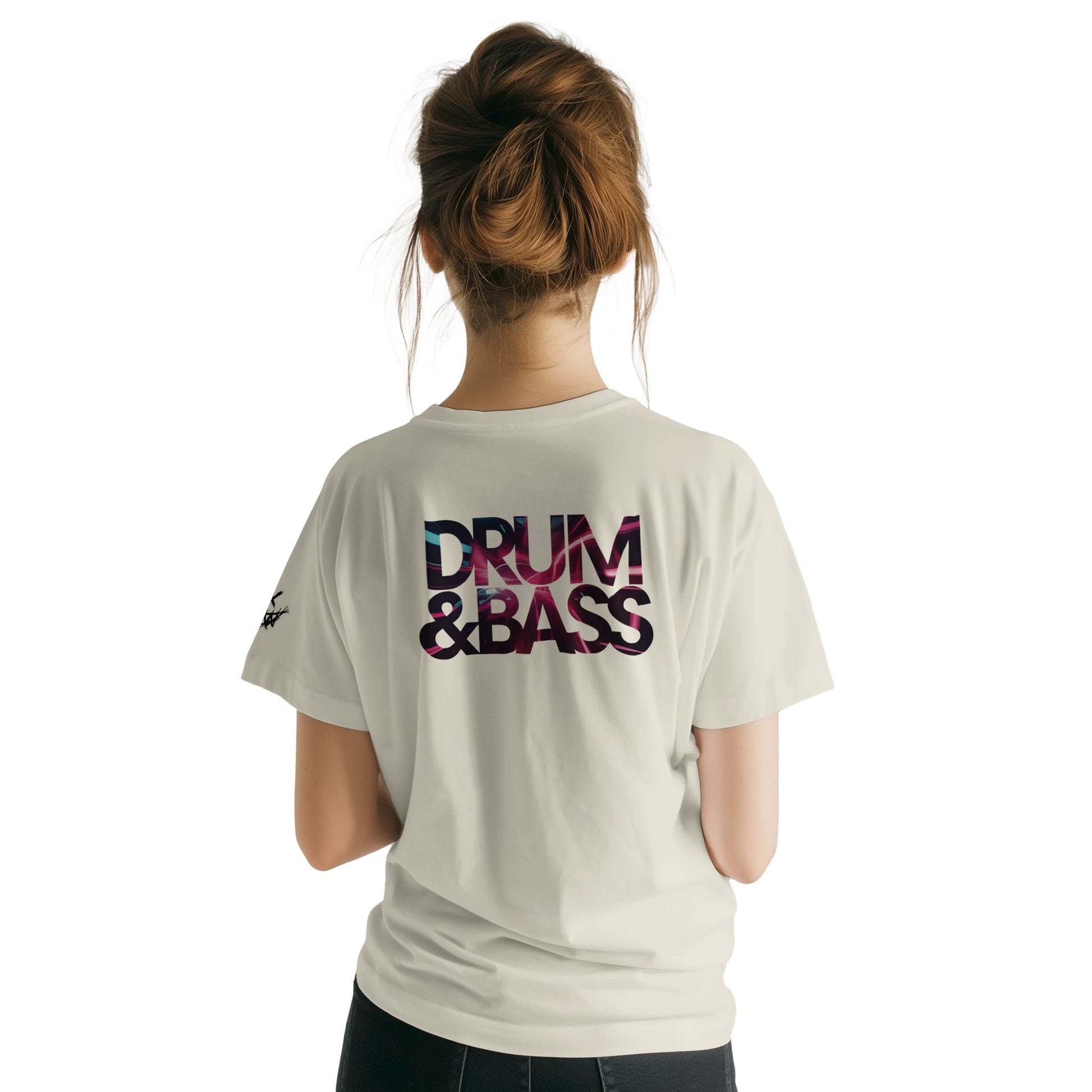 Unisex Beige tshirt for Adults – Music Festival Streetwear Rave Clothing – Techno, EDM, DJ Shirt - DnB Pinkish print on the back