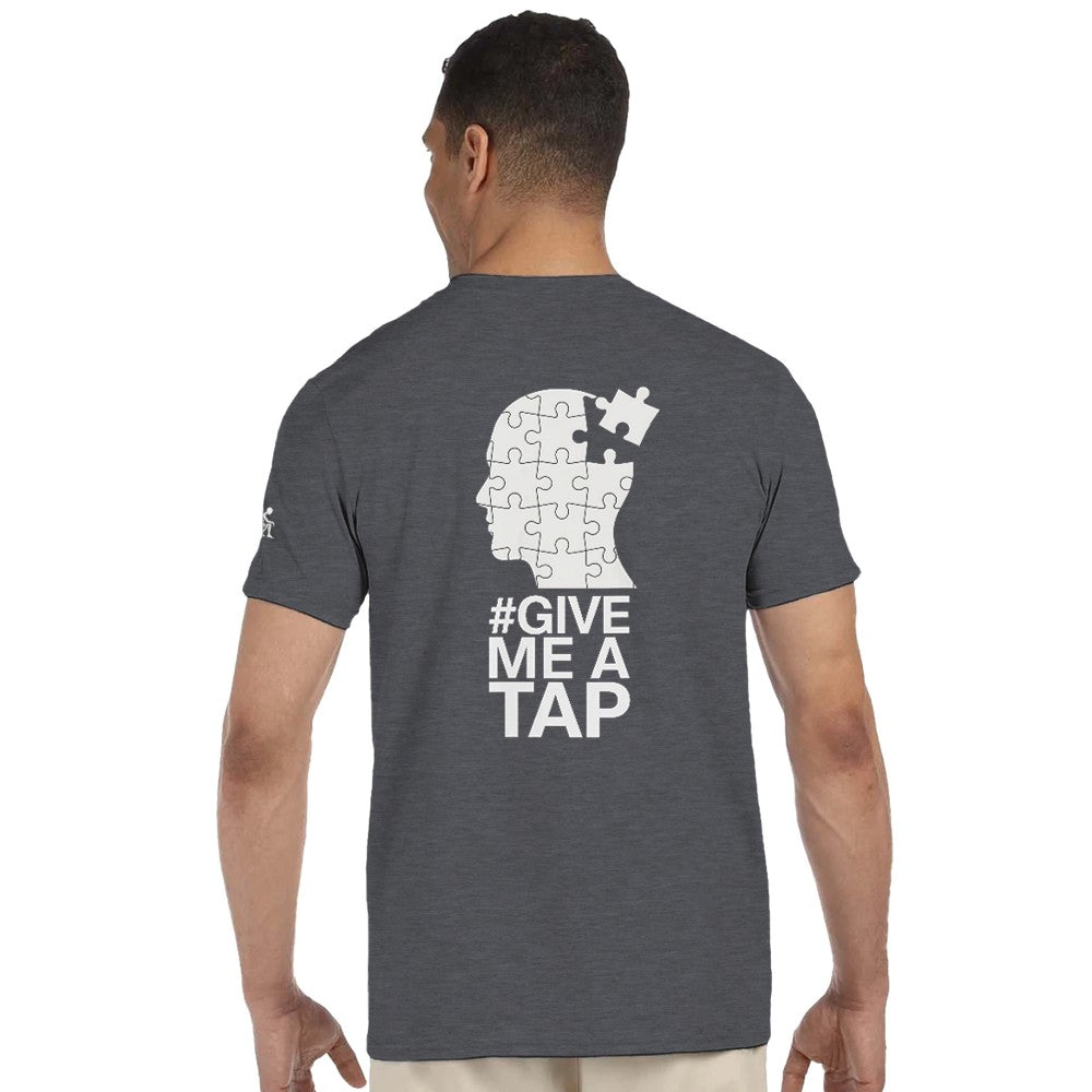 Unisex Grey T-shirt for Adults – Music Festival Streetwear Rave Clothing – Techno, EDM, DJ Shirt -  an image of a head made of puzzle pieces and the #give me a tap print
