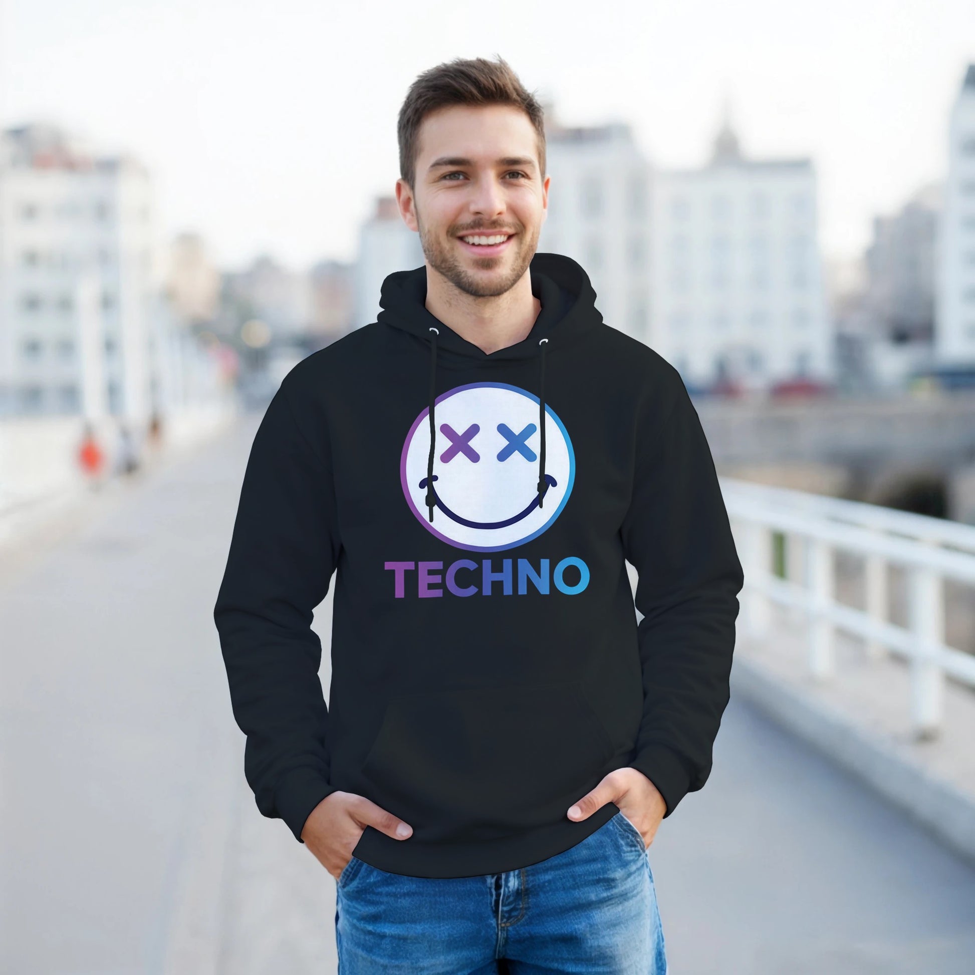 Techno smiley unisex hoodie cross eyes black front view