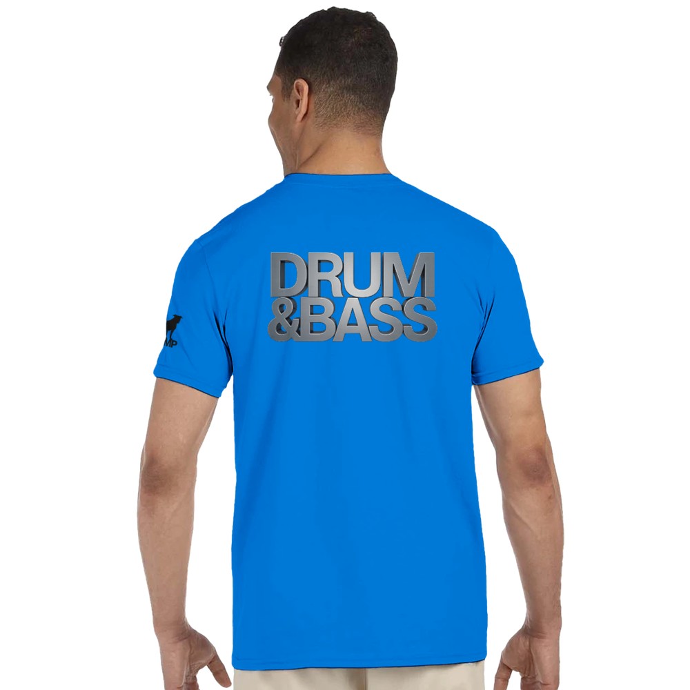 Unisex Blue tshirt for Adults – Music Festival Streetwear Rave Clothing – Techno, EDM, DJ Shirt - drum and bass in silver print