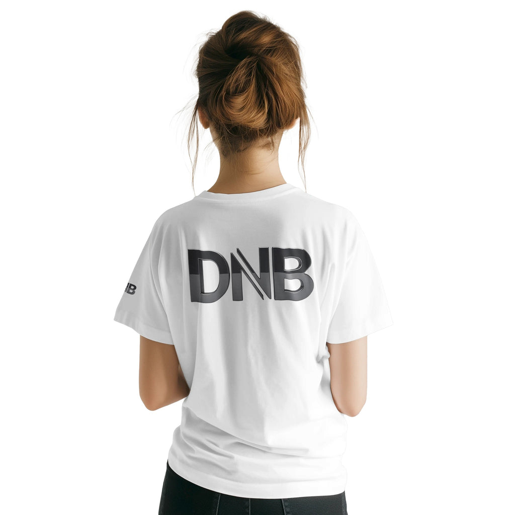 Unisex White tshirt for Adults – Music Festival Streetwear Rave Clothing – Techno, EDM, DJ Shirt - drum and bass in silver print