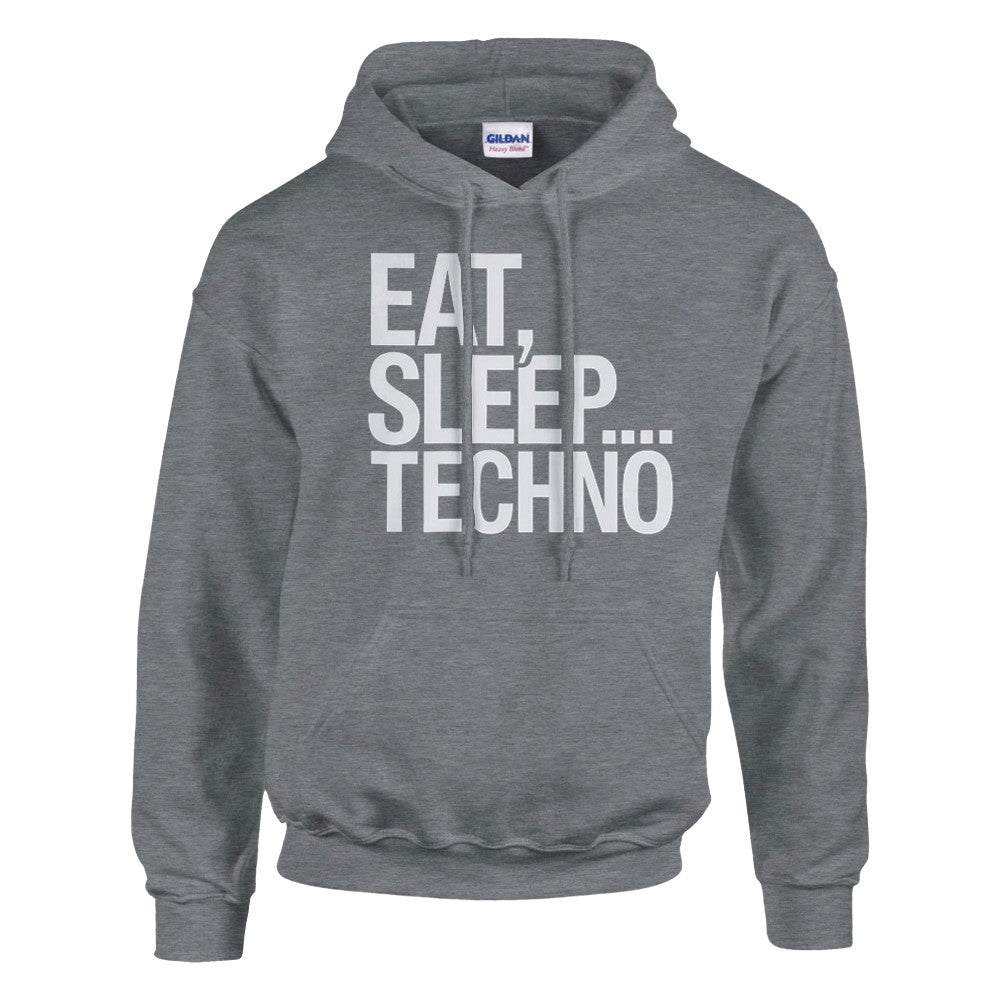 Unisex Grey Hoodie for Adults – Music Festival Streetwear Rave Clothing – Techno, EDM, DJ Shirt - Eat Sleep Techno print