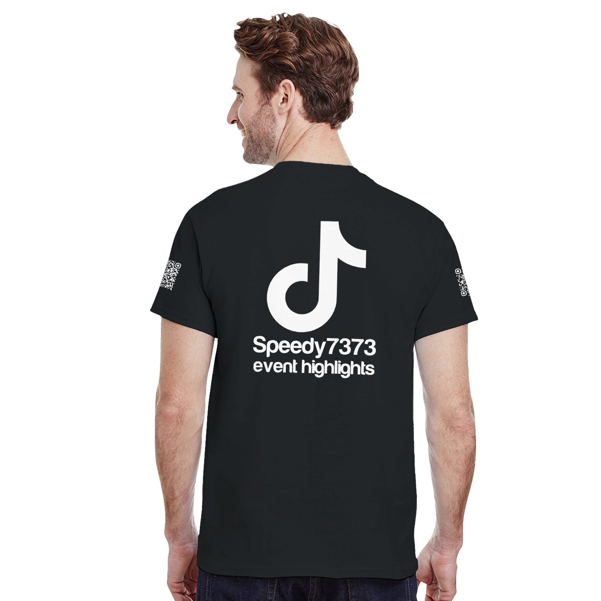 a black Rave t-shirt with a white custom Tiktok handle and custom QR codes on the arms of the shirt - RaveLink