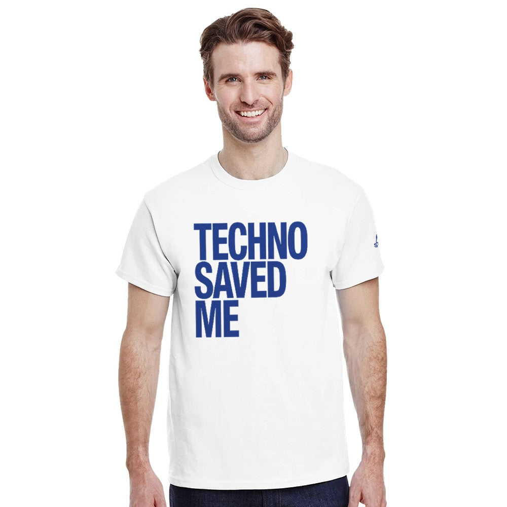 Techno Saved Me in big Blue bold font - unisex rave t-shirt - white