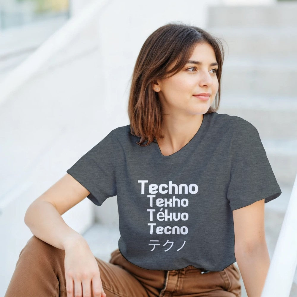 techno in different languages in a big bold white font - unsex t-shirt - grey