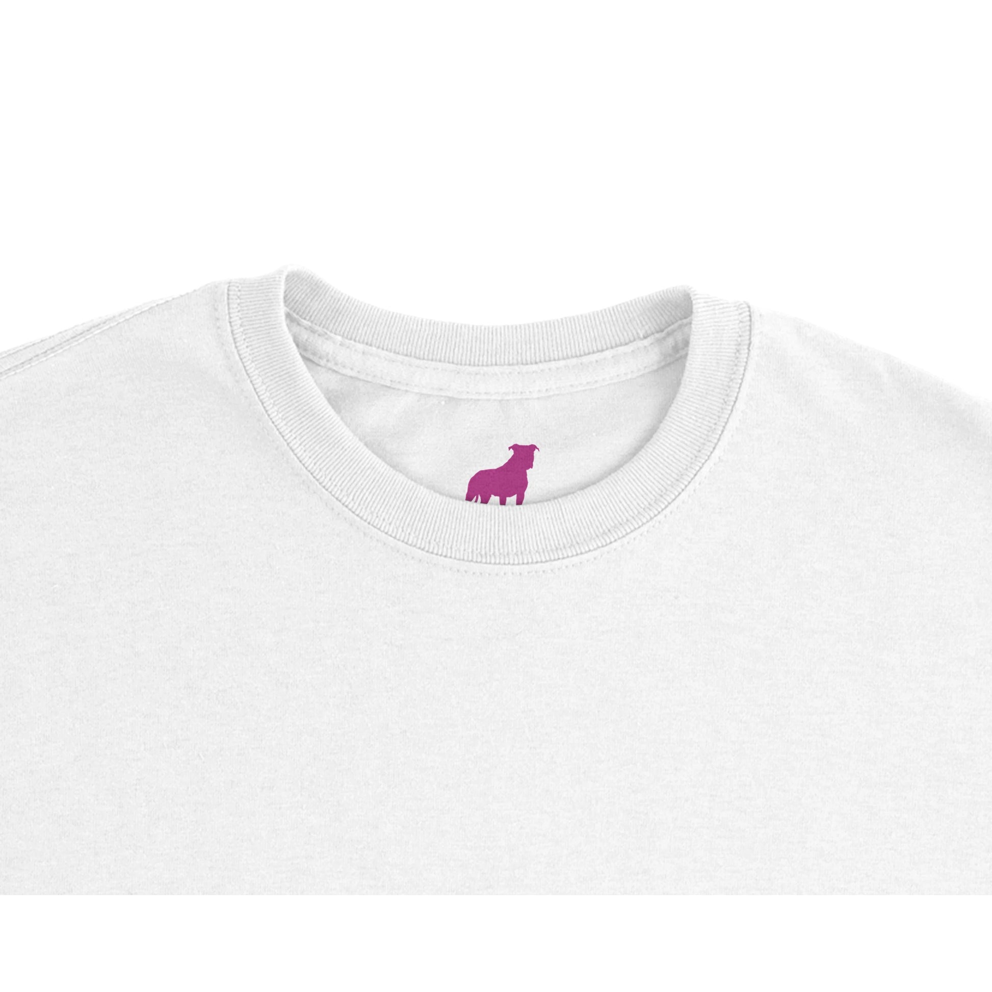 a white rave t-shirt with a pink font that is a custom Tiktok handle - custom QR Codes on each arm - RaveLink