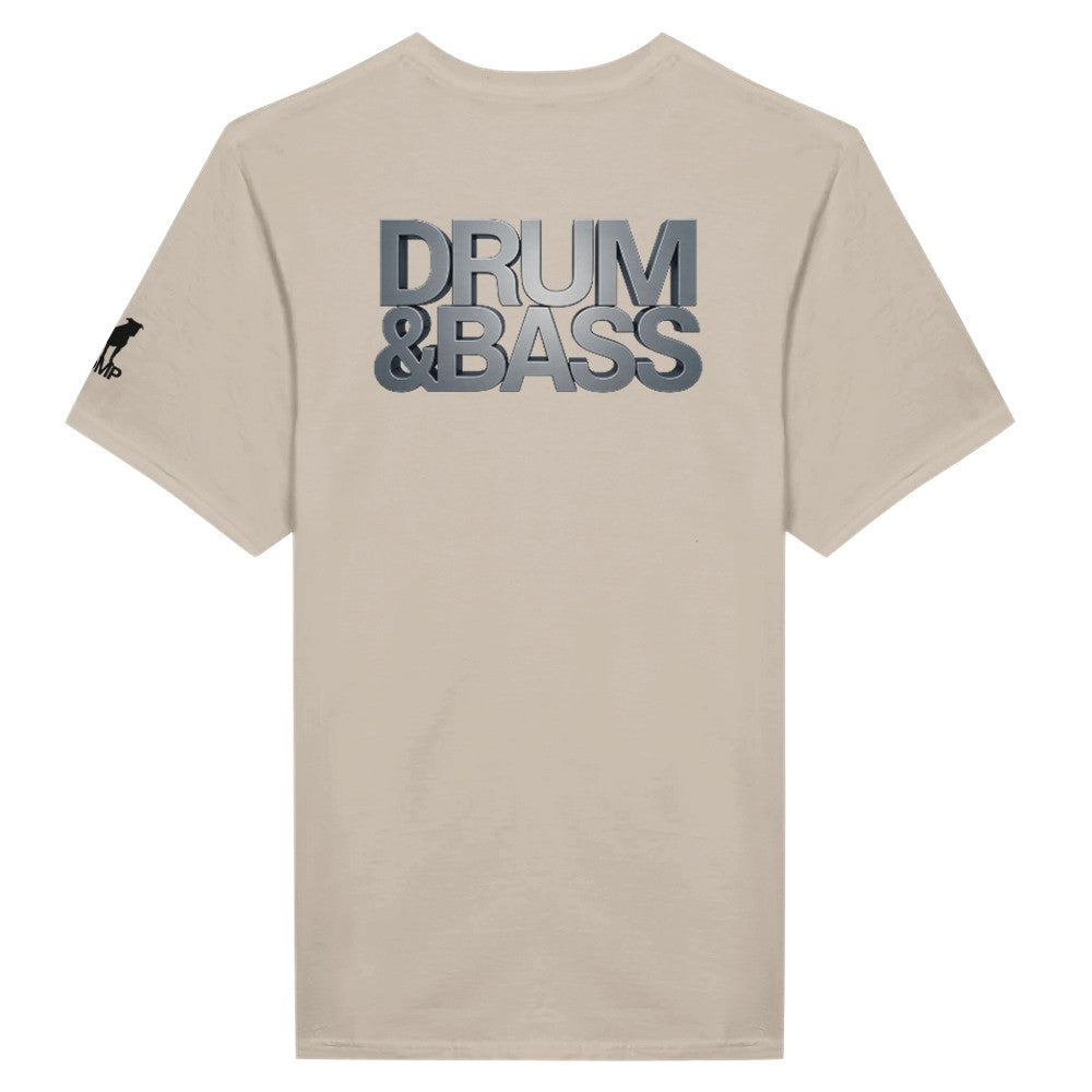 Unisex Beige tshirt for Adults – Music Festival Streetwear Rave Clothing – Techno, EDM, DJ Shirt - drum and bass in silver print