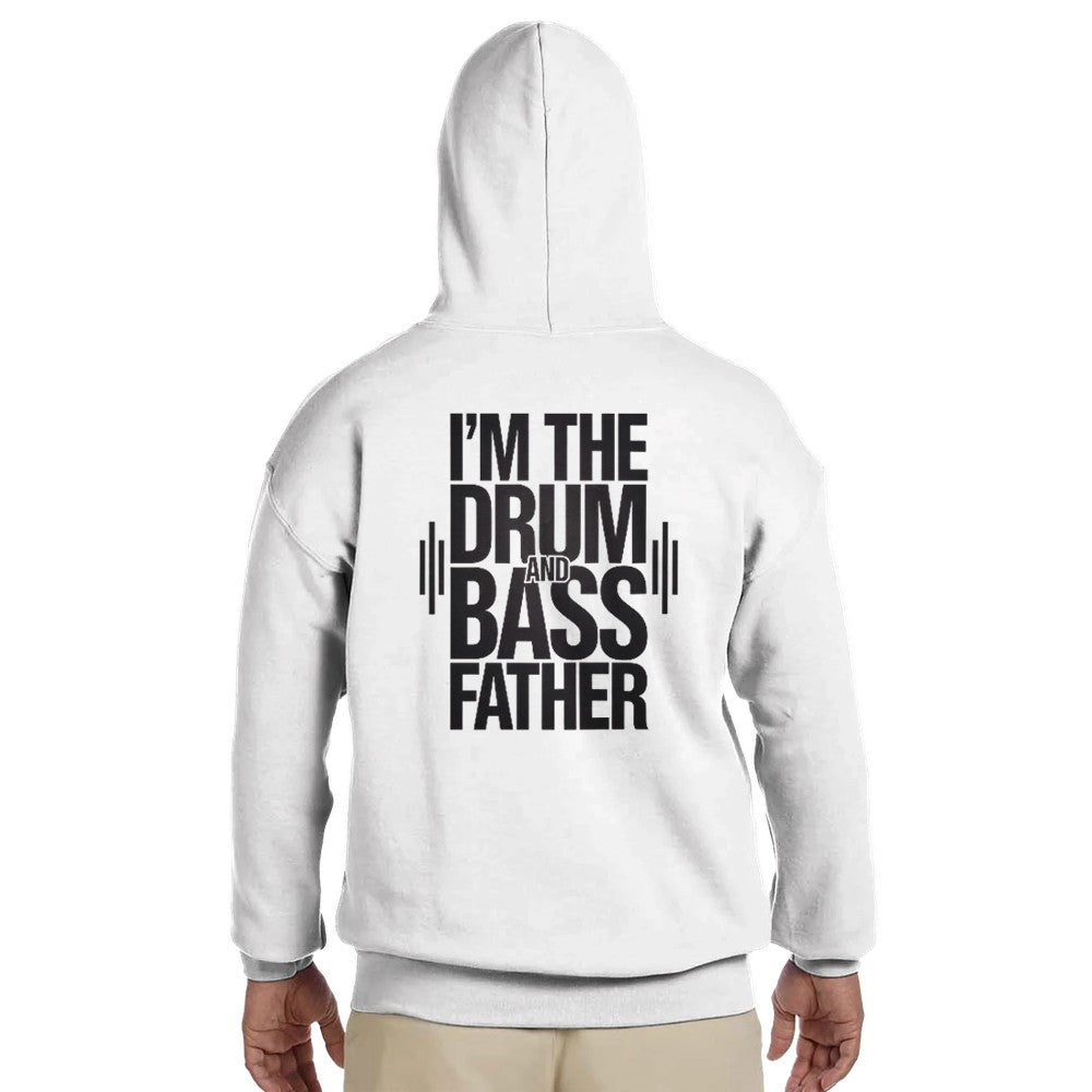 Unisex White hoodie for Adults – Music Festival Streetwear Rave Clothing – Techno, EDM, DJ Shirt - im the drum and bass father print on the back. Stomp brand