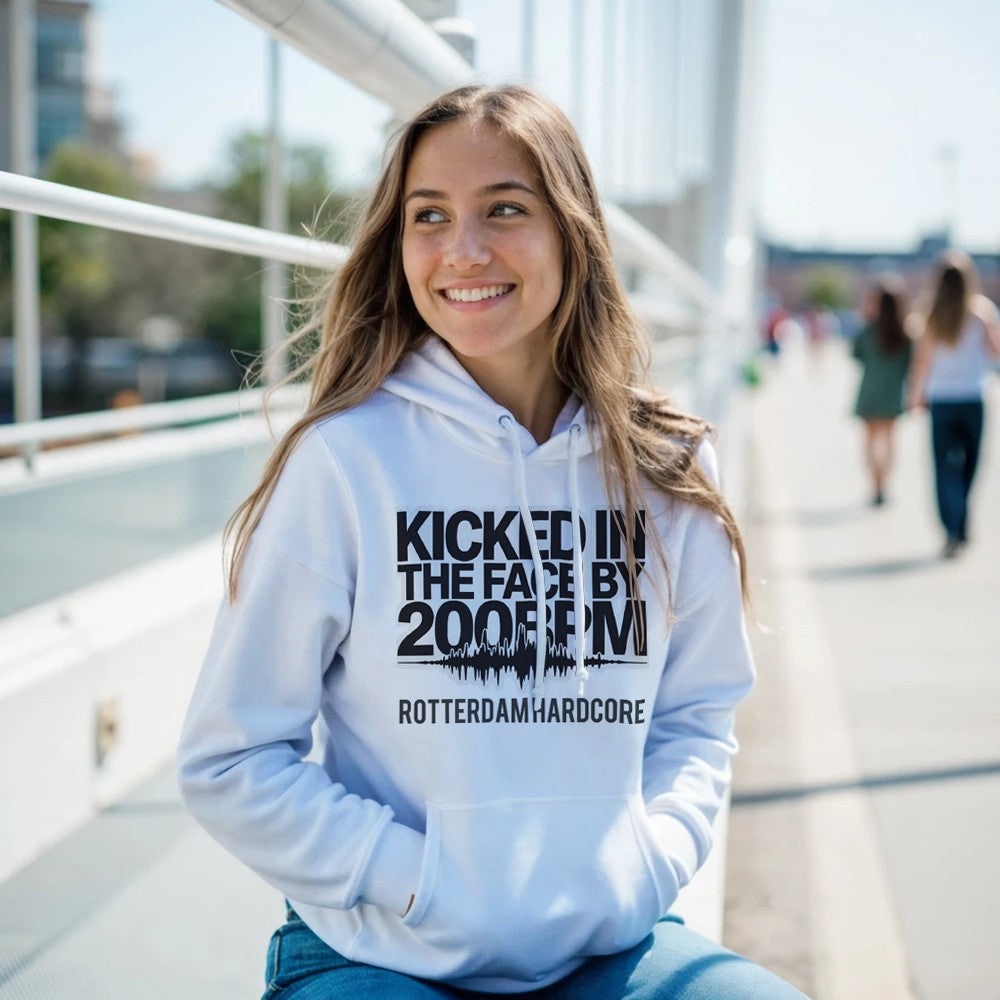 Kicked In The Face with 200bpm unisex hoodie - printed on the front - white