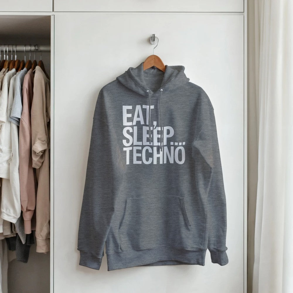 Unisex Grey Hoodie for Adults – Music Festival Streetwear Rave Clothing – Techno, EDM, DJ Shirt - Eat Sleep Techno print