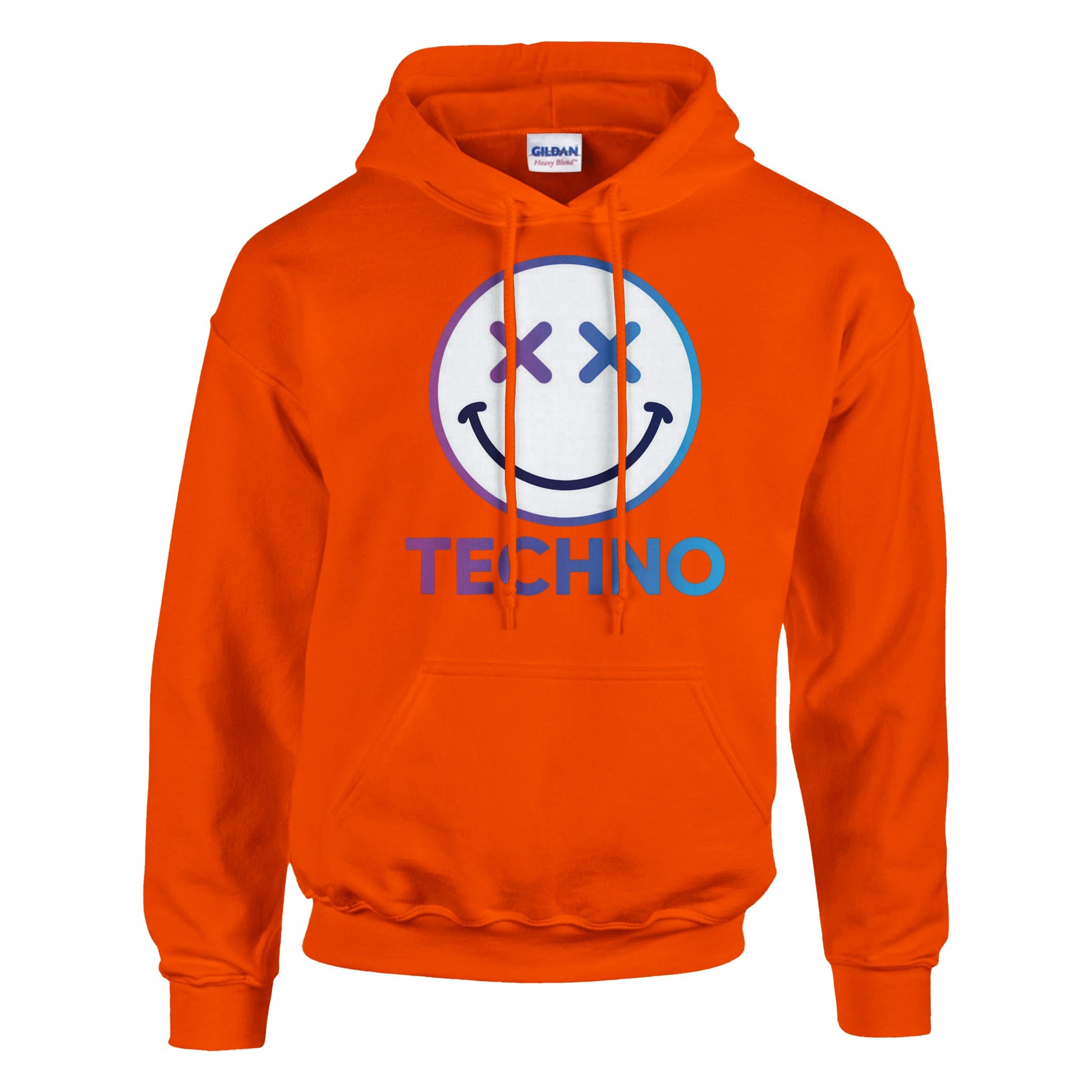 Techno smiley unisex hoodie cross eyes orange Techno smiley unisex hoodie cross eyes front view