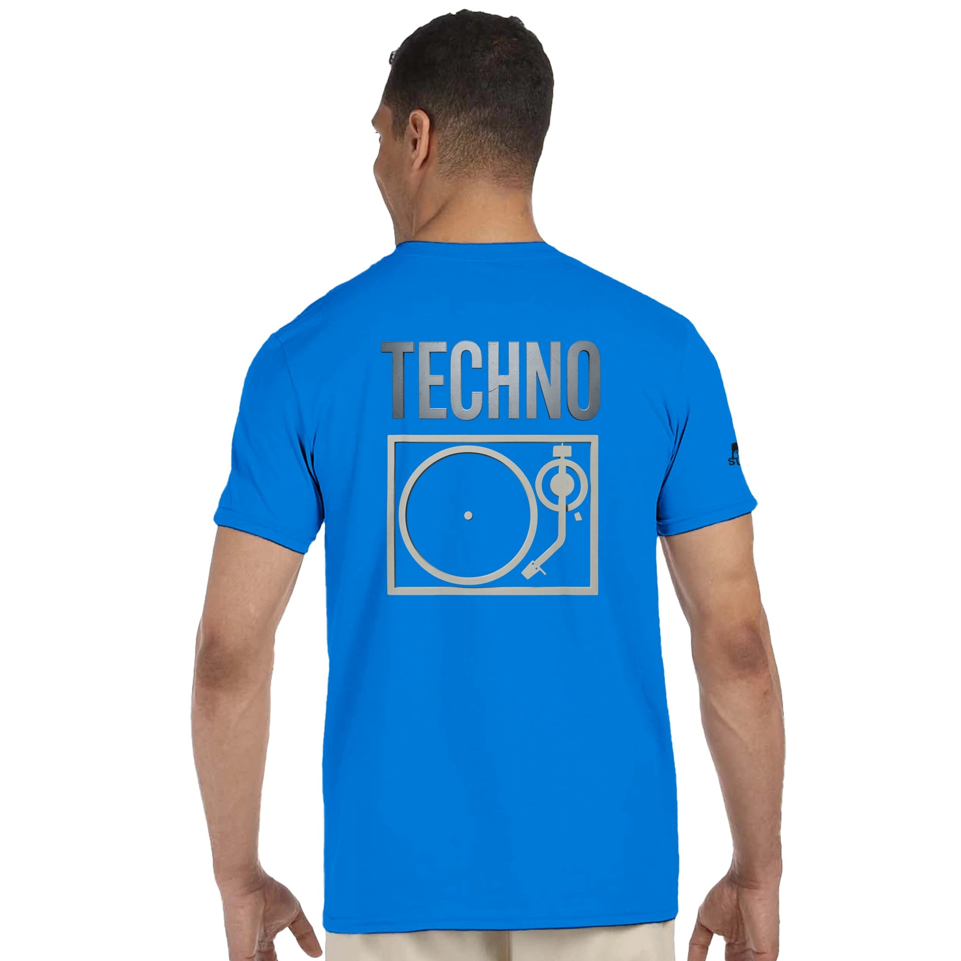 Unisex Blue T-shirt for Adults – Music Festival Streetwear Rave Clothing – Techno, EDM, DJ Shirt - The word techno and a turntable underneath