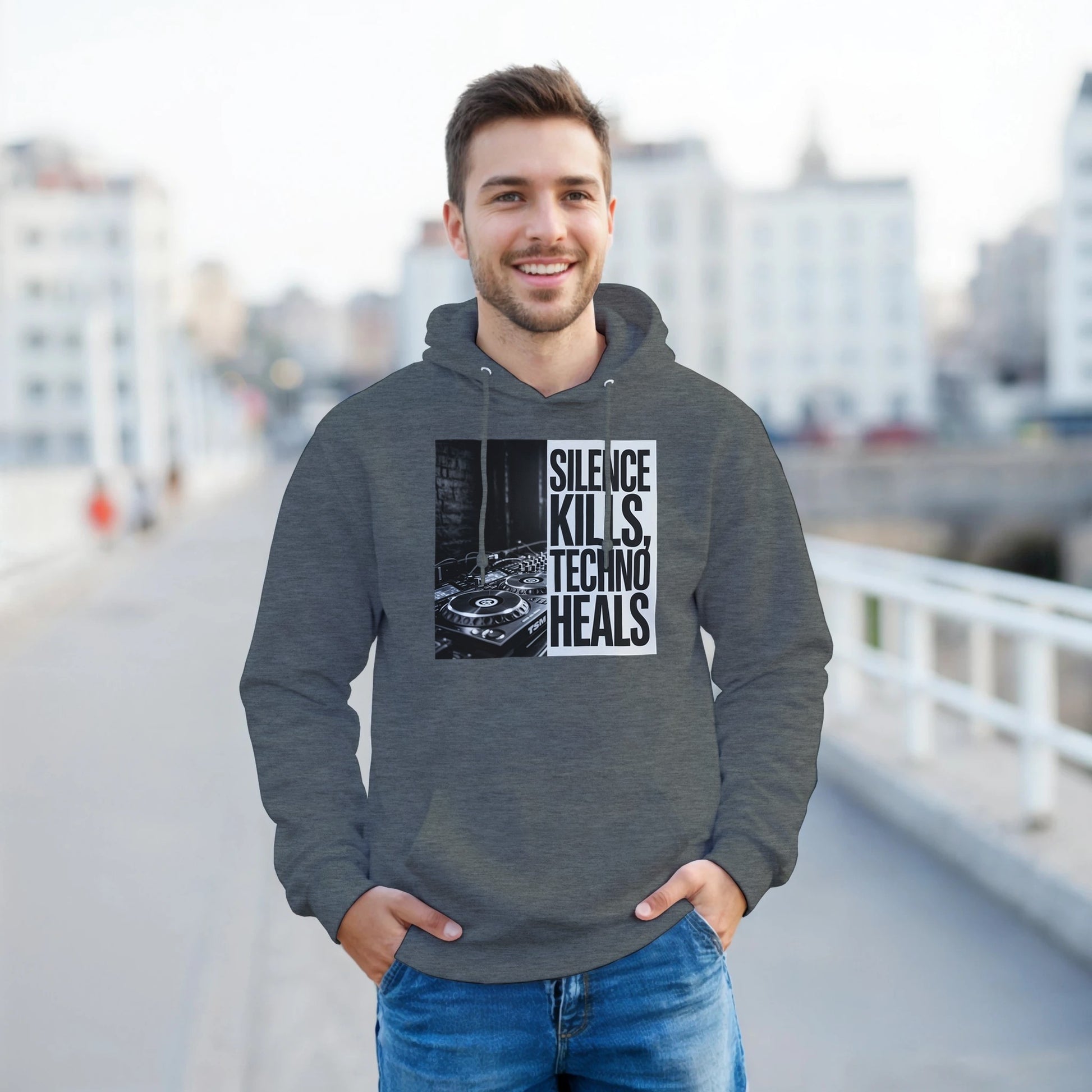 Silence Kills Techno Heals unisex rave hoodie grey front view