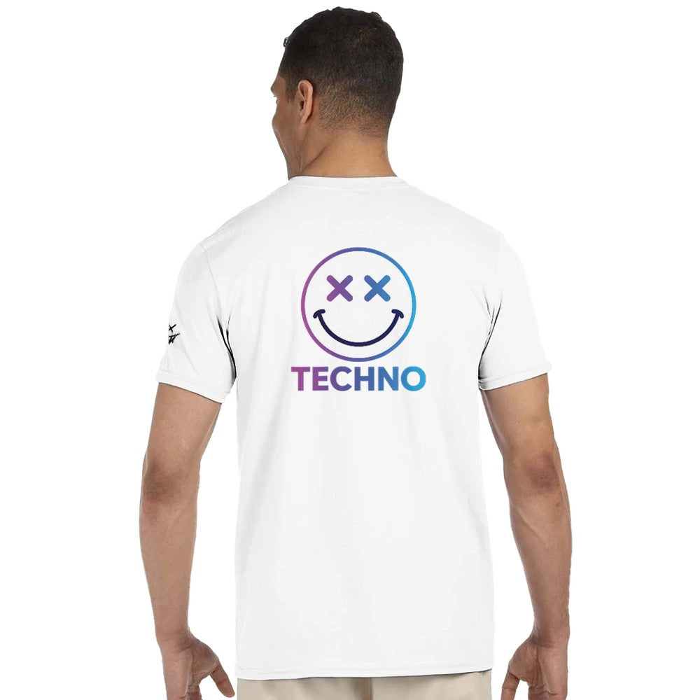 Unisex white tshirt for Adults – Music Festival Streetwear Rave Clothing – Techno, EDM, DJ Shirt - a blue techno smiley print