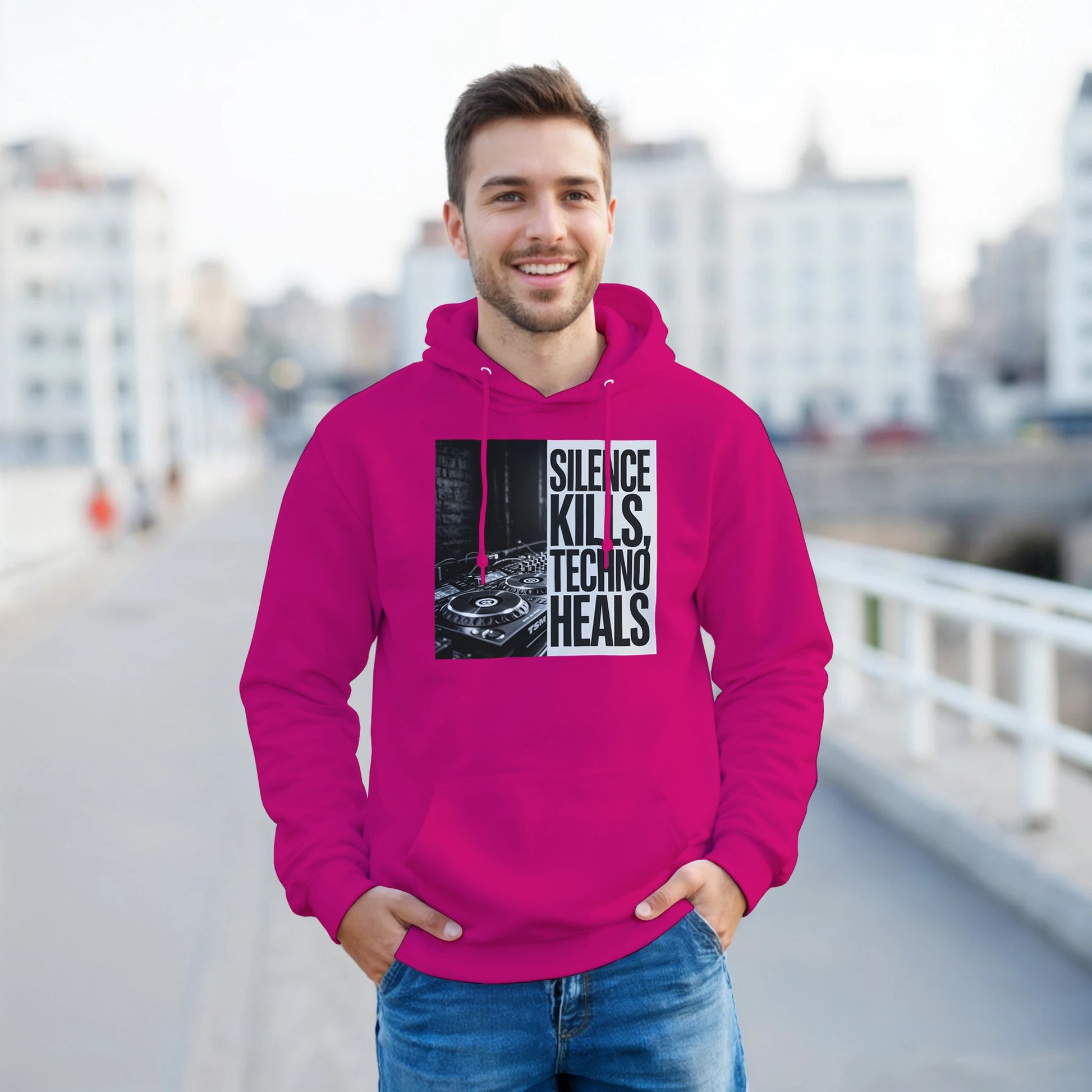 Silence Kills Techno Heals unisex rave hoodie pink front view
